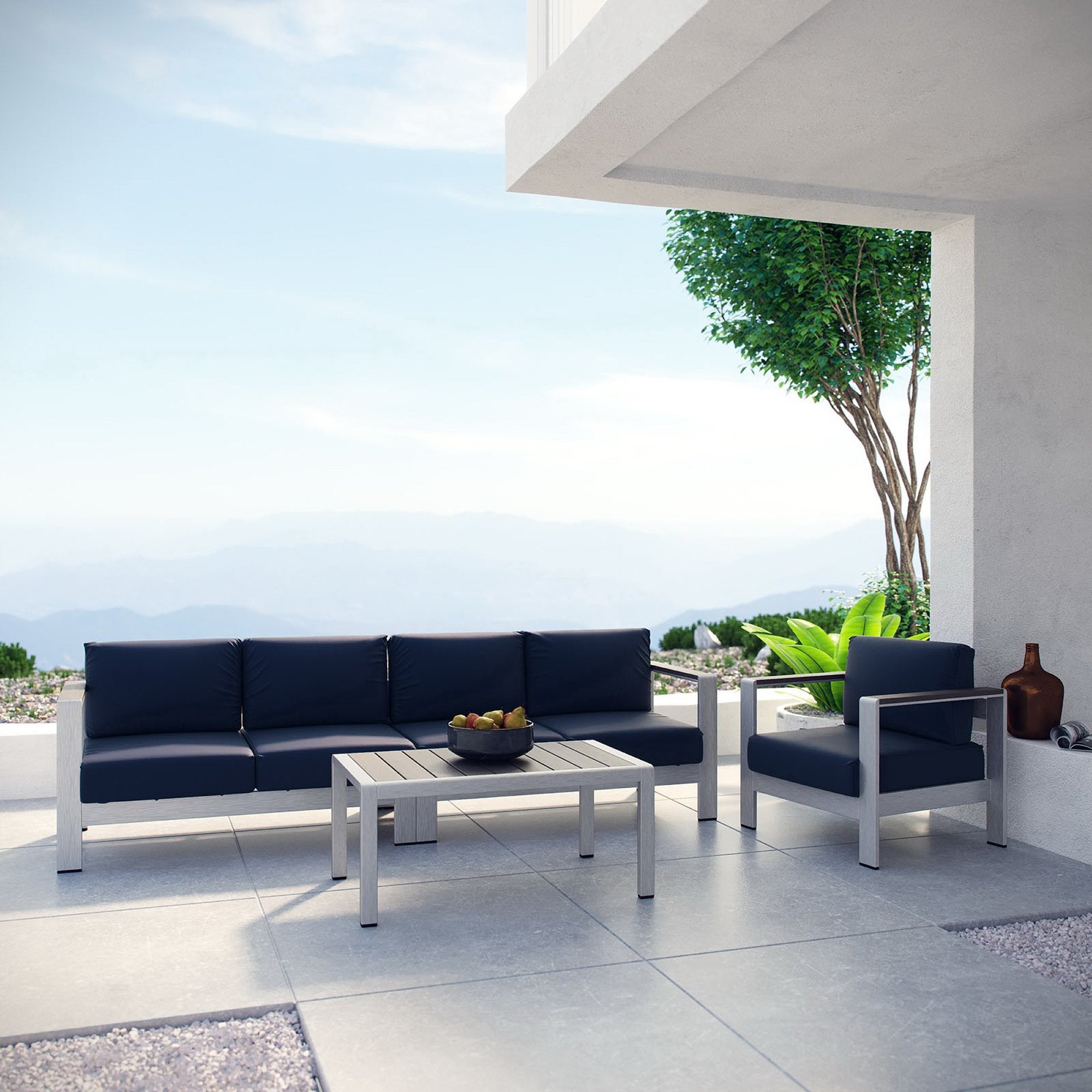 Shore 4 Piece Outdoor Patio Aluminum Sectional Sofa Set, Silver Navy