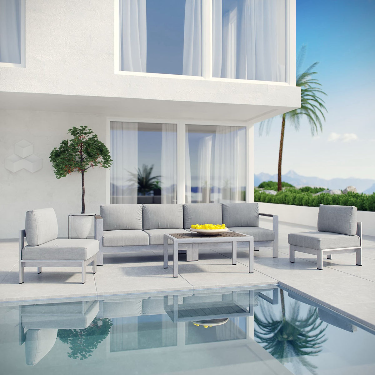 Shore 5 Piece Outdoor Patio Aluminum Sectional Sofa Set, Silver Gray - Model EEI-2564