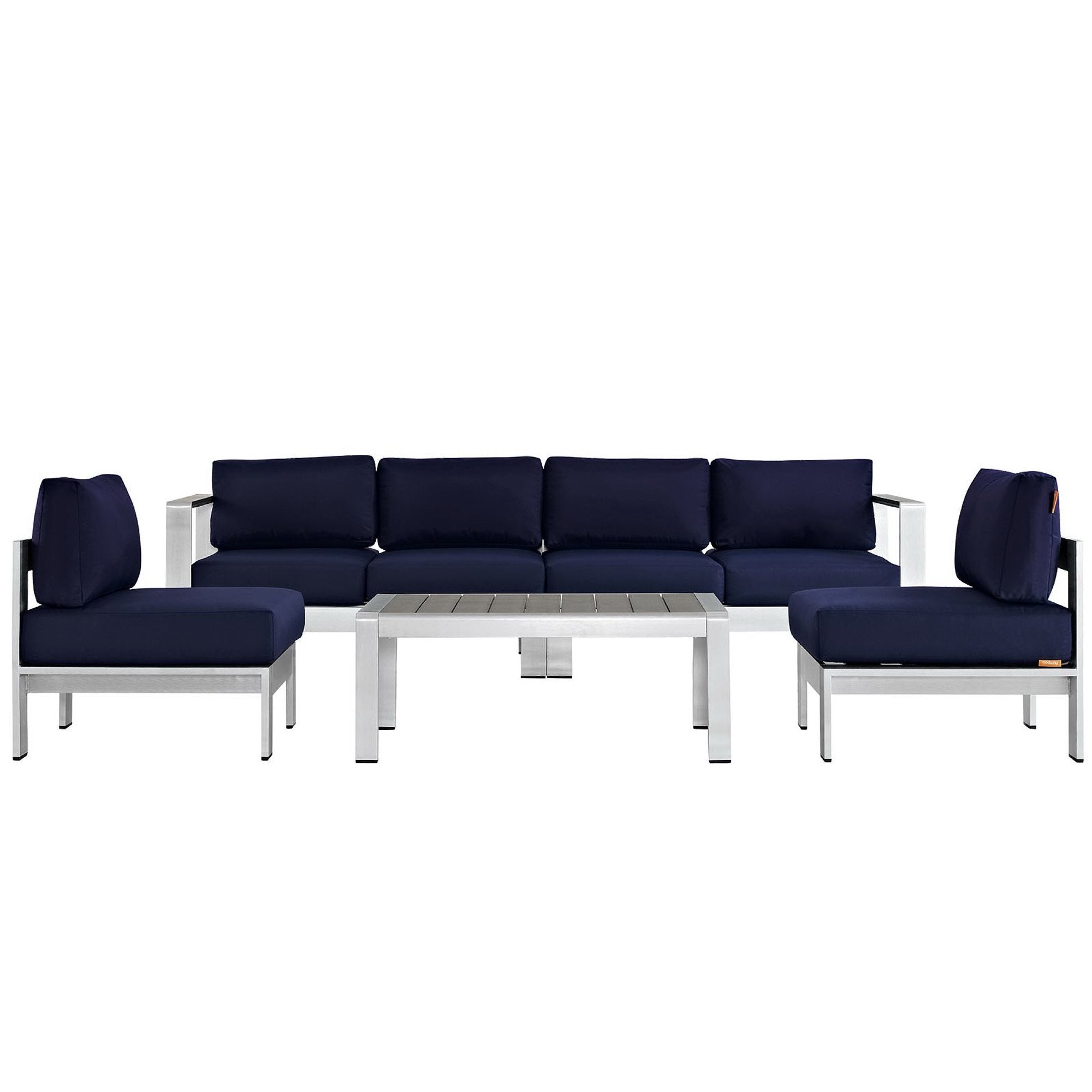 Shore 5 Piece Outdoor Patio Aluminum Sectional Sofa Set, Silver Navy