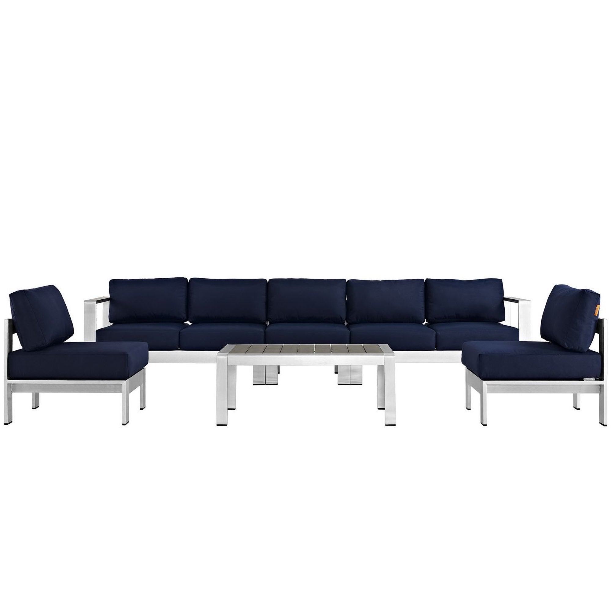 Shore 6 Piece Outdoor Patio Aluminum Sectional Sofa Set, Silver Navy