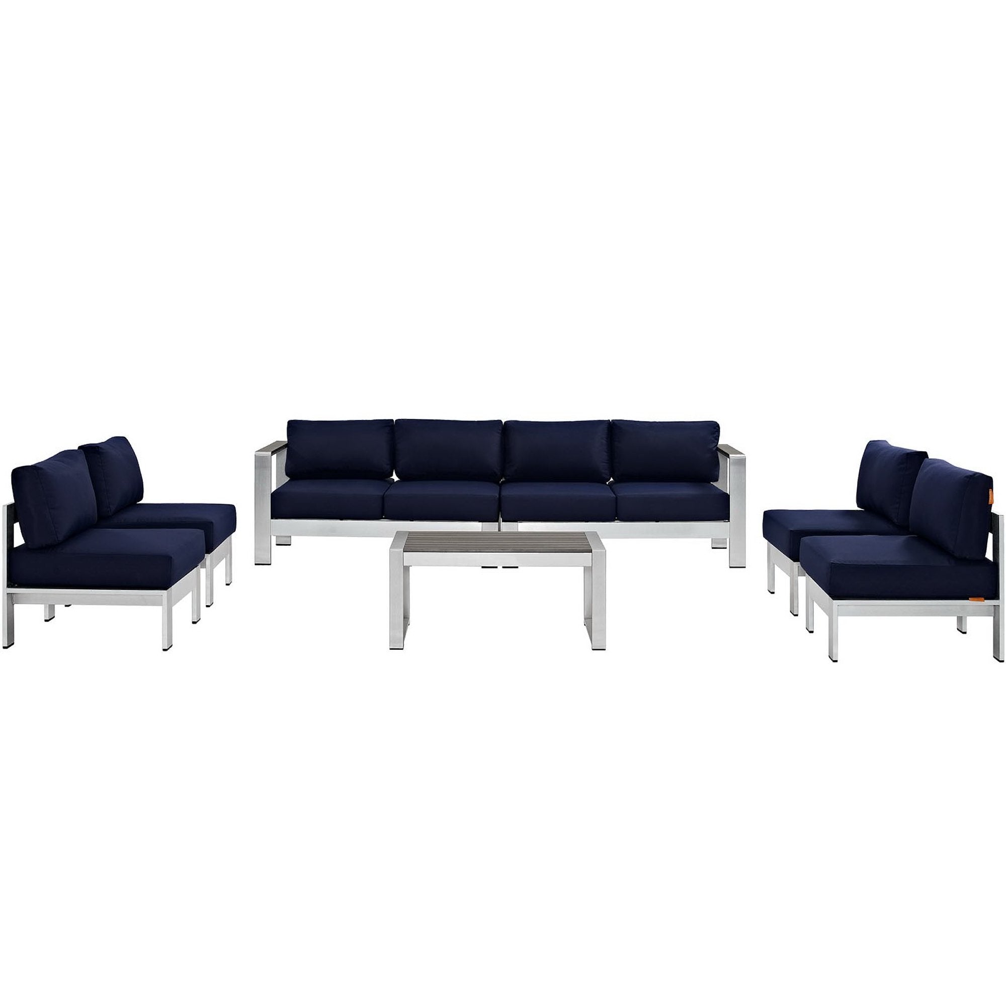 Shore 7 Piece Outdoor Patio Sectional Sofa Set, Silver Navy