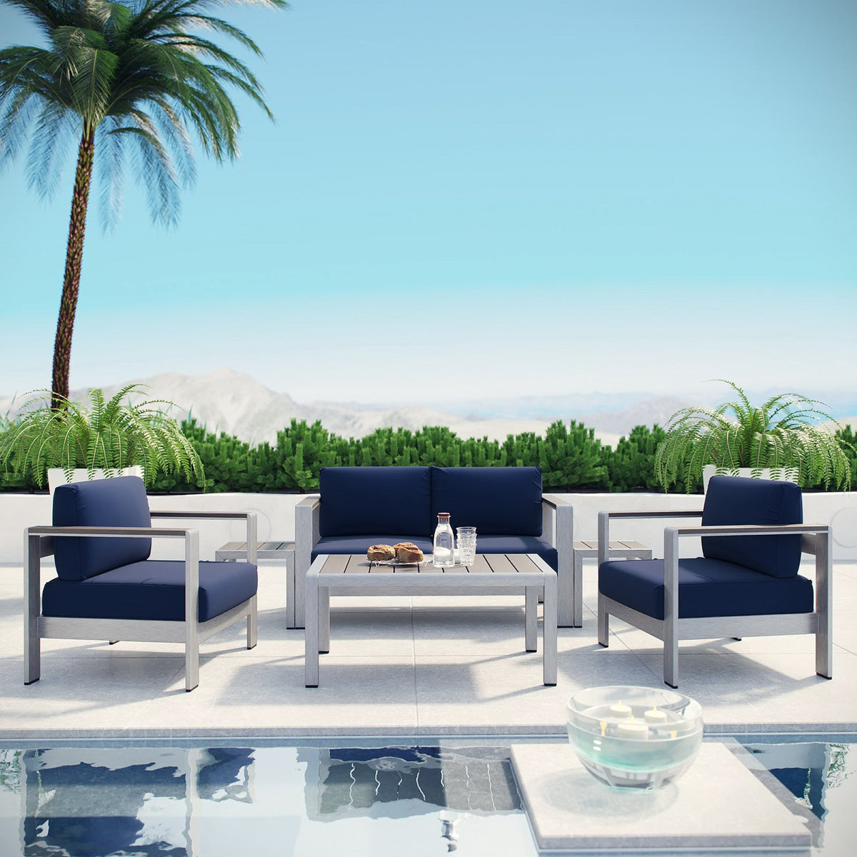 Shore 6 Piece Outdoor Patio Aluminum Sectional Sofa Set, Silver Navy - Model EEI-2568