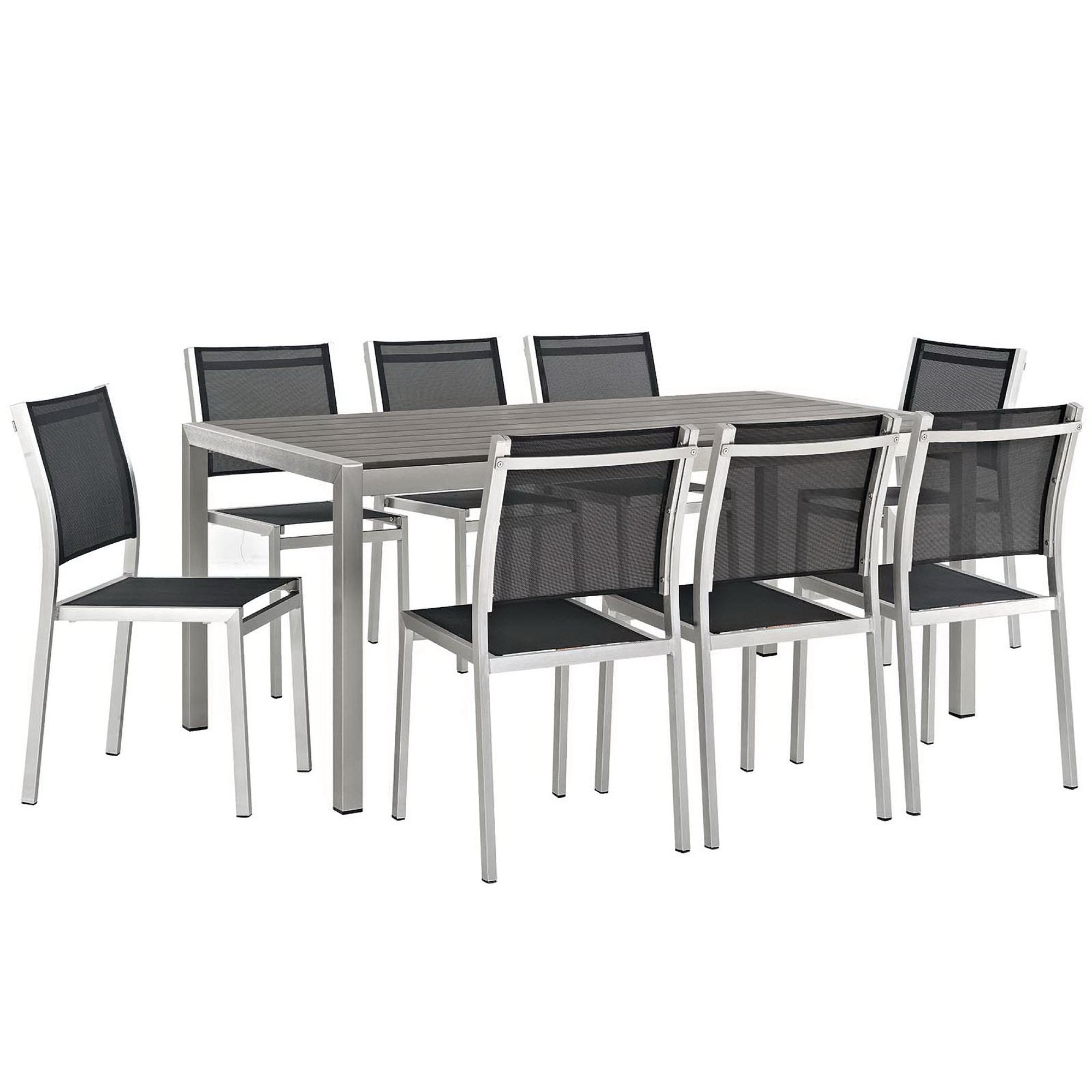 Shore 9 Piece Outdoor Patio Aluminum Dining Set, Silver Black