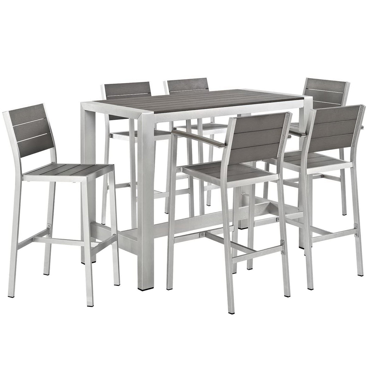 Shore 7 Piece Outdoor Patio Aluminum Dining Set, Silver Gray