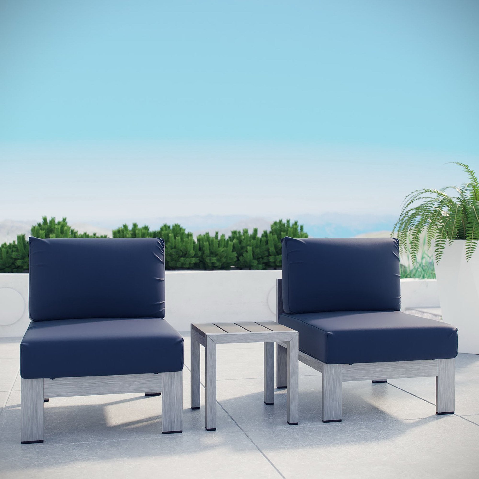 Shore 3 Piece Outdoor Patio Aluminum Sectional Sofa Set, Silver Navy