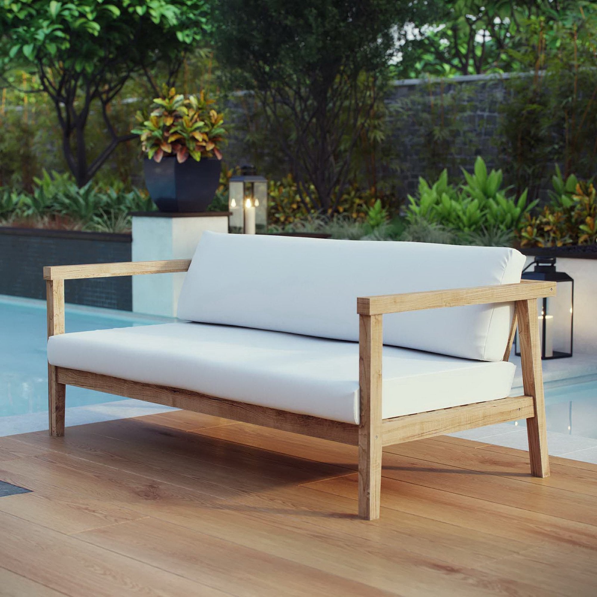 Bayport Outdoor Patio Teak Sofa, Natural White