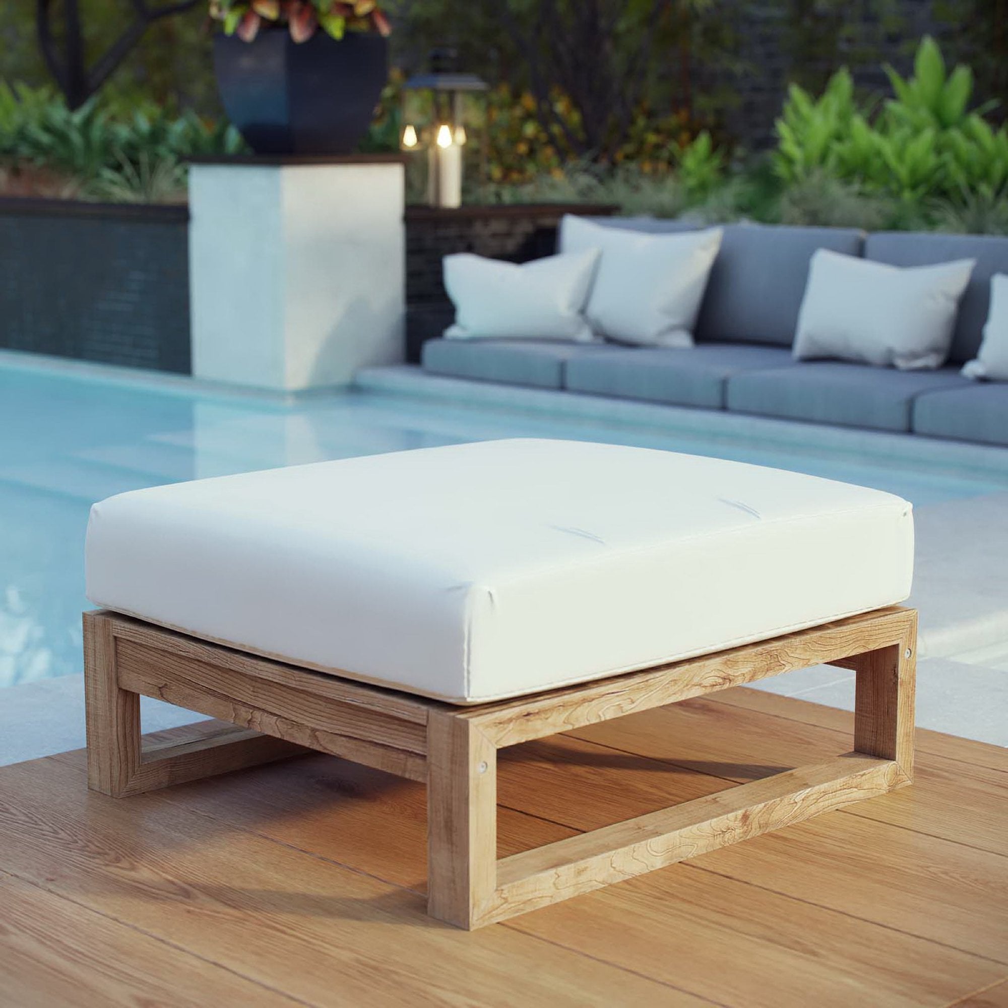 Upland Outdoor Patio Teak Ottoman, Natural White
