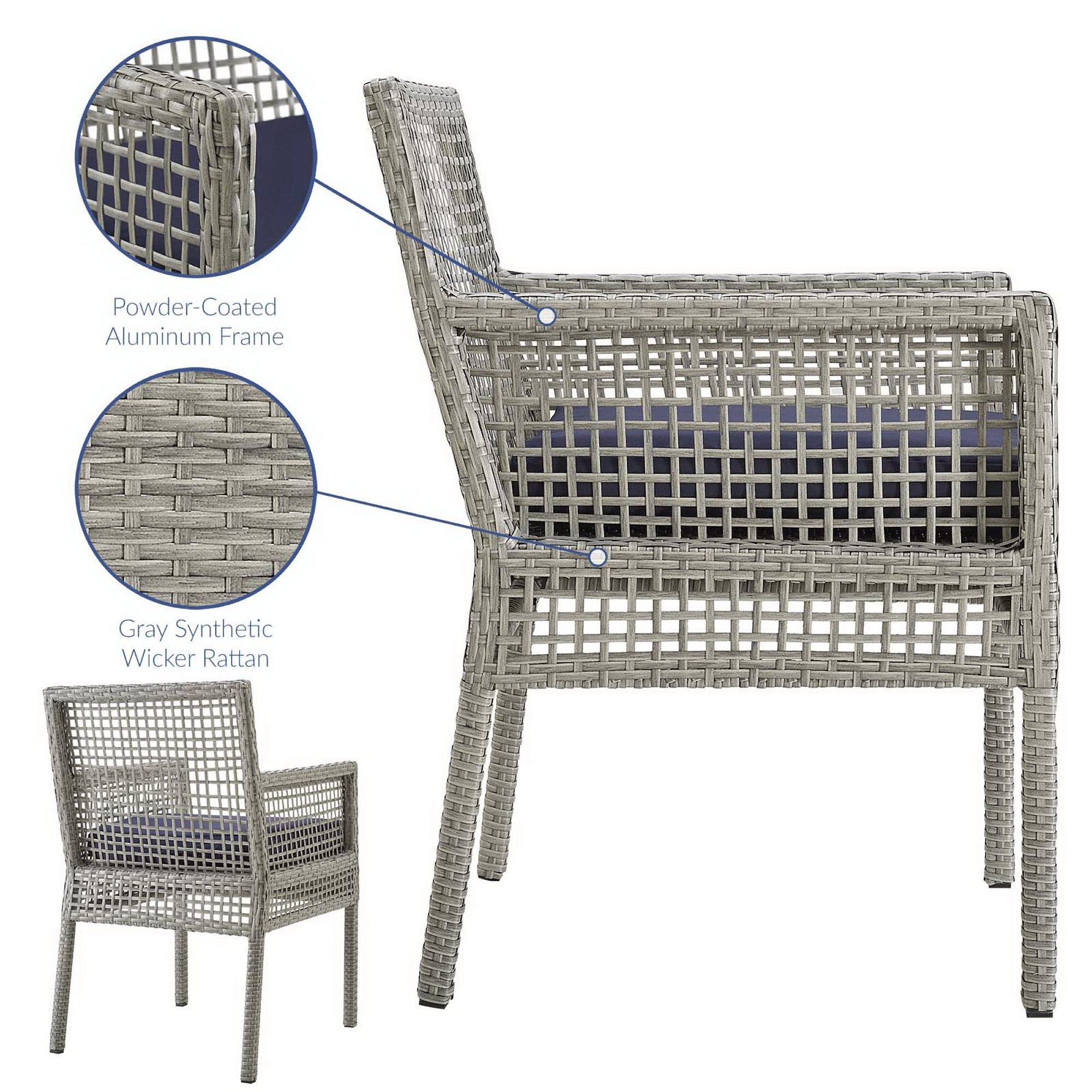 Aura Outdoor Patio Wicker Rattan Dining Armchair, Gray Navy