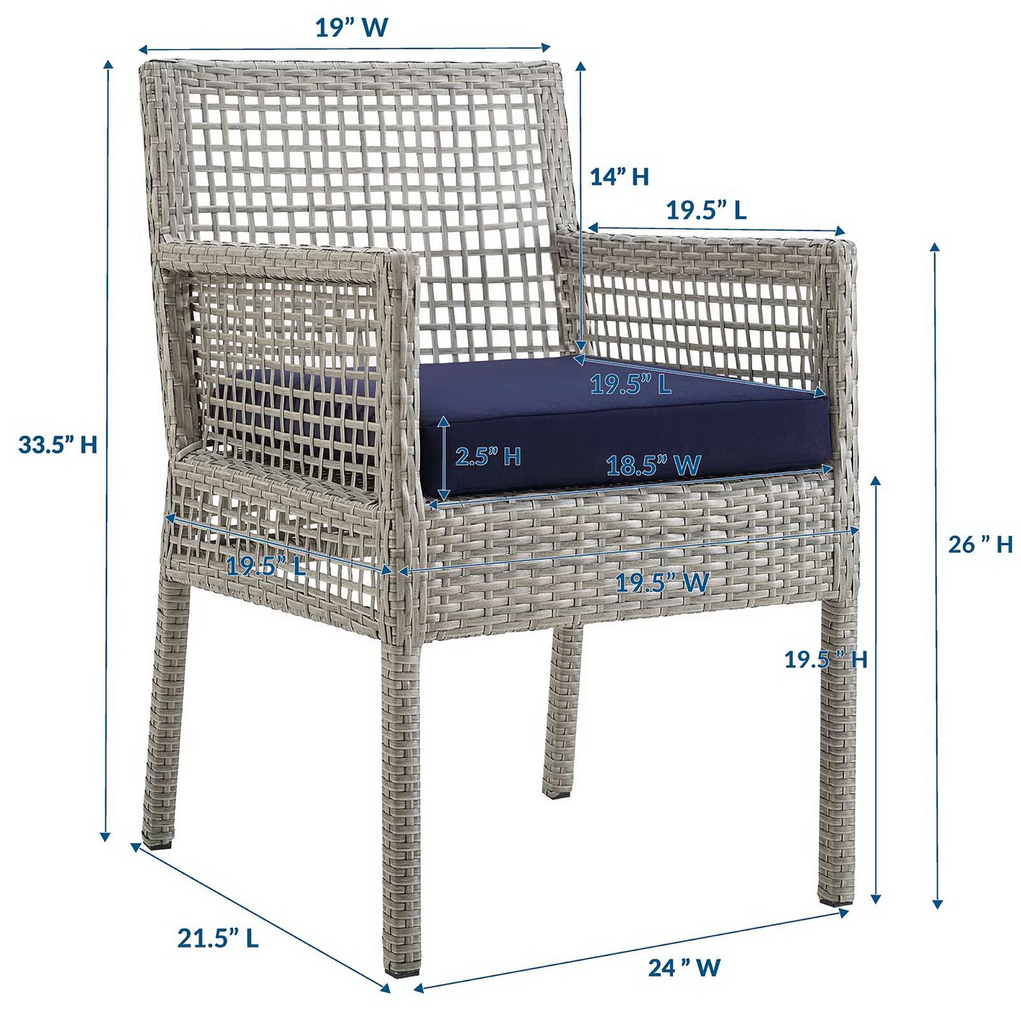 Aura Outdoor Patio Wicker Rattan Dining Armchair, Gray Navy