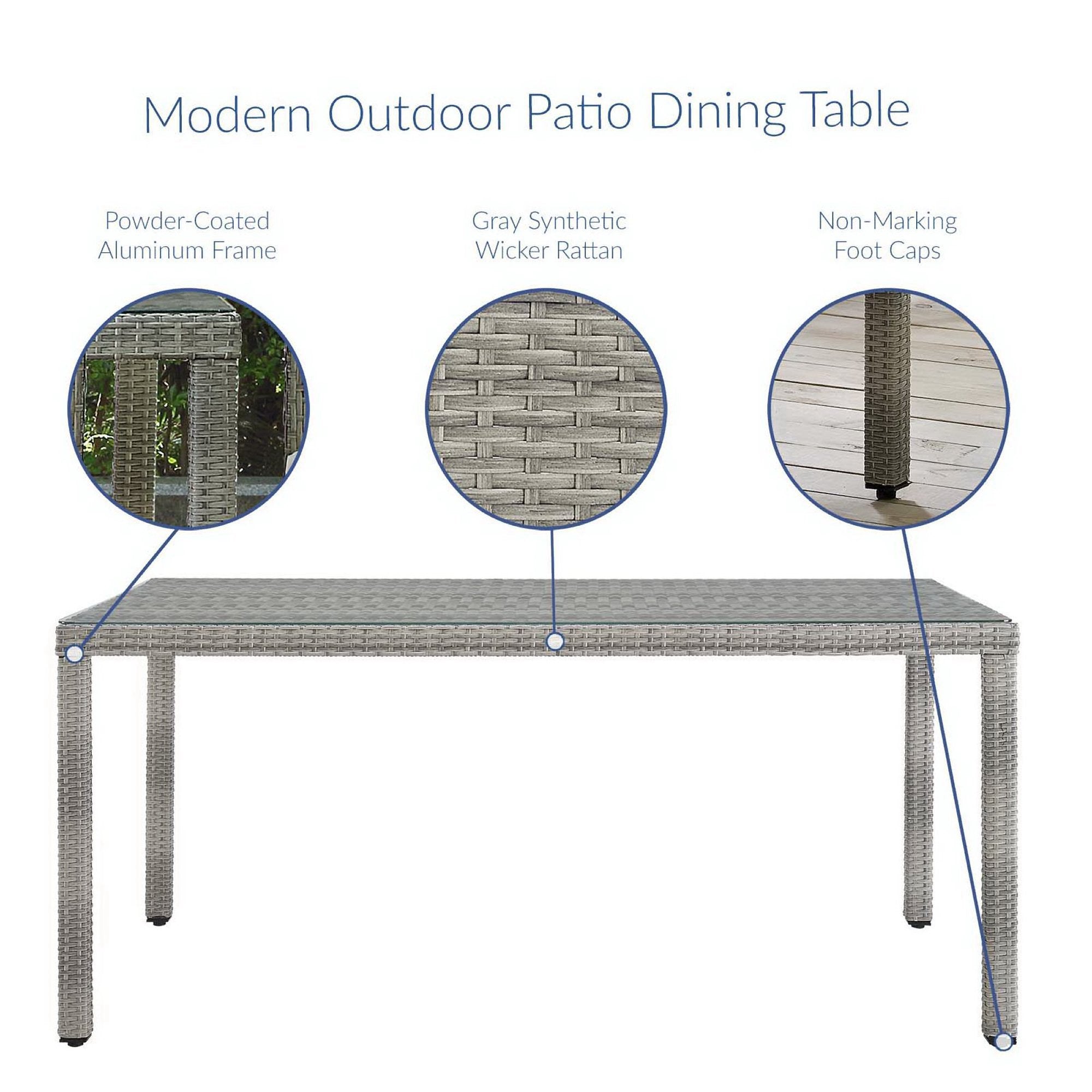 Aura 68" Outdoor Patio Wicker Rattan Dining Table, Gray