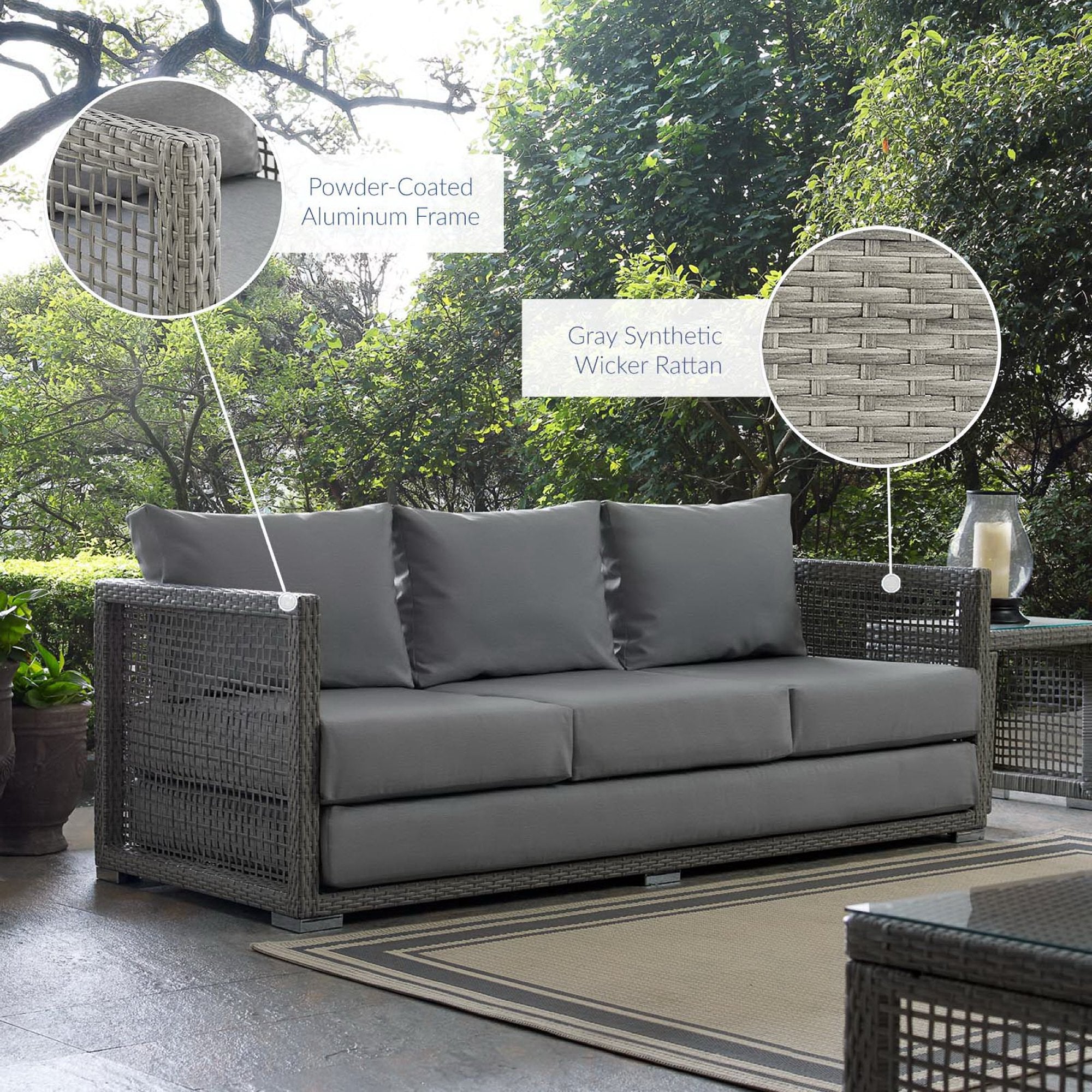 Aura Outdoor Patio Wicker Rattan Sofa, Gray Gray