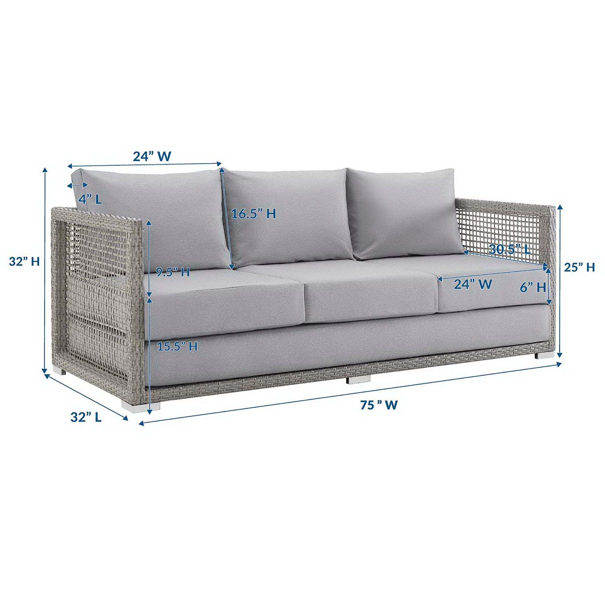 Aura Outdoor Patio Wicker Rattan Sofa, Gray Gray