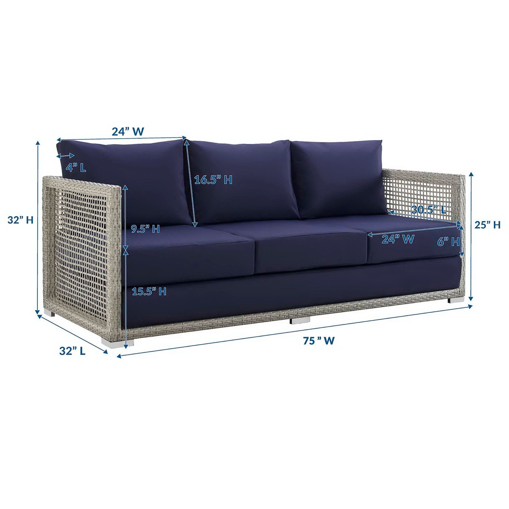 Aura Outdoor Patio Wicker Rattan Sofa, Gray Navy