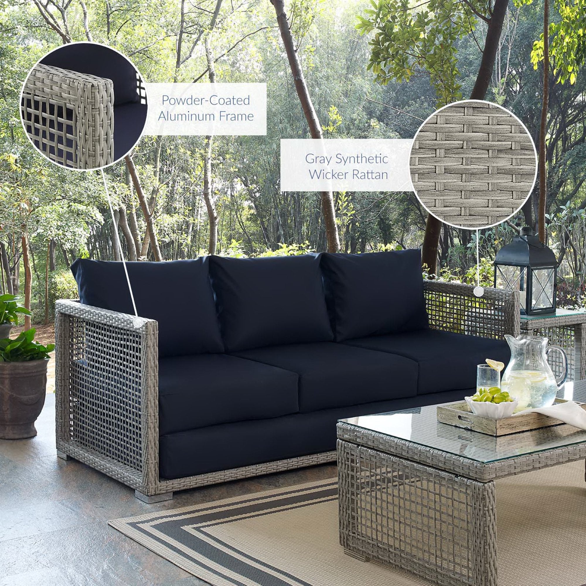 Aura Outdoor Patio Wicker Rattan Sofa, Gray Navy