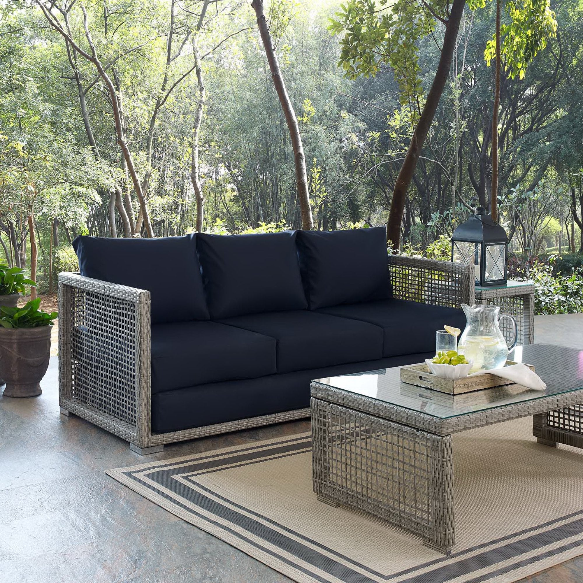 Aura Outdoor Patio Wicker Rattan Sofa, Gray Navy