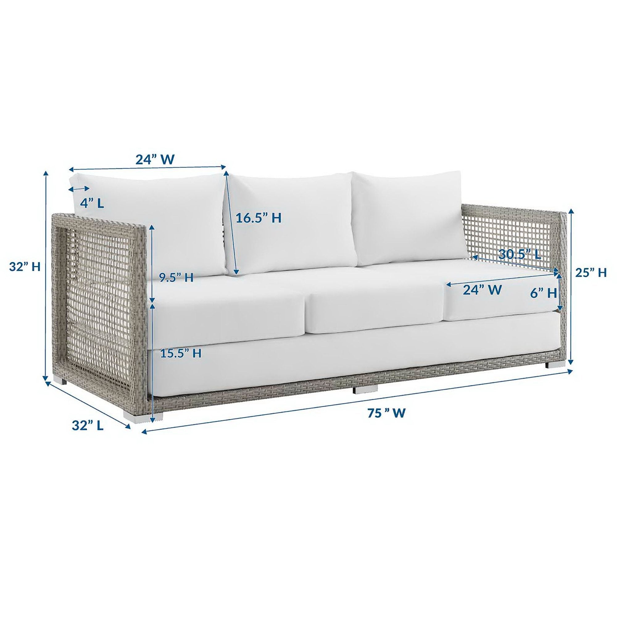 Aura Outdoor Patio Wicker Rattan Sofa, Gray White