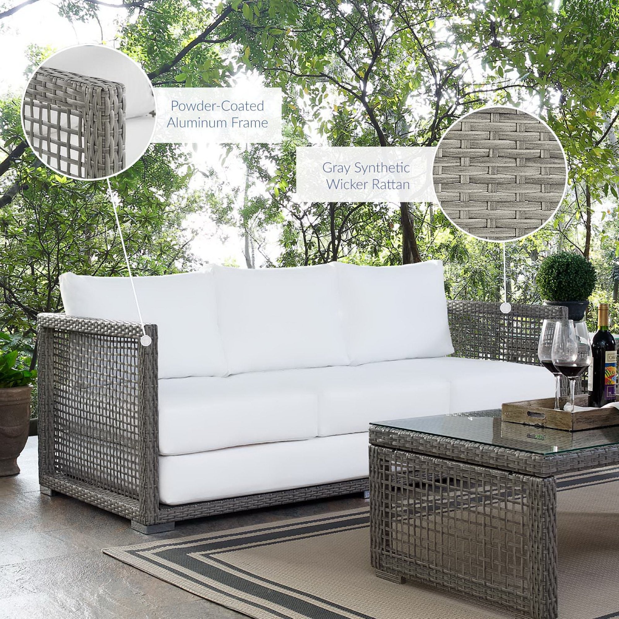 Aura Outdoor Patio Wicker Rattan Sofa, Gray White