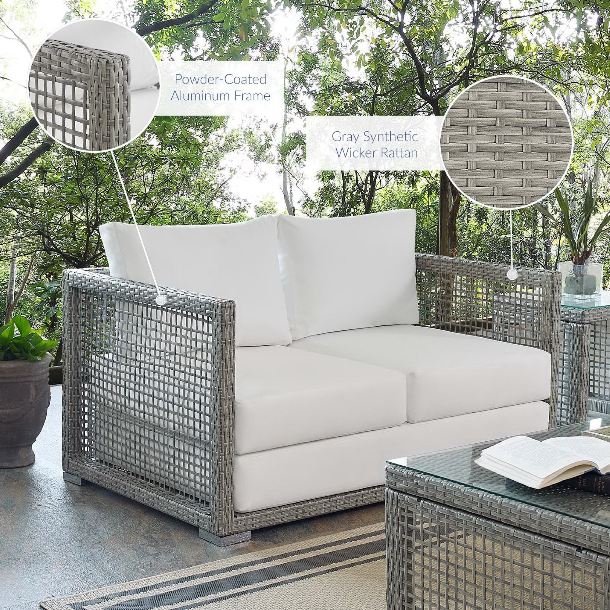 Aura Outdoor Patio Wicker Rattan Loveseat, Gray White