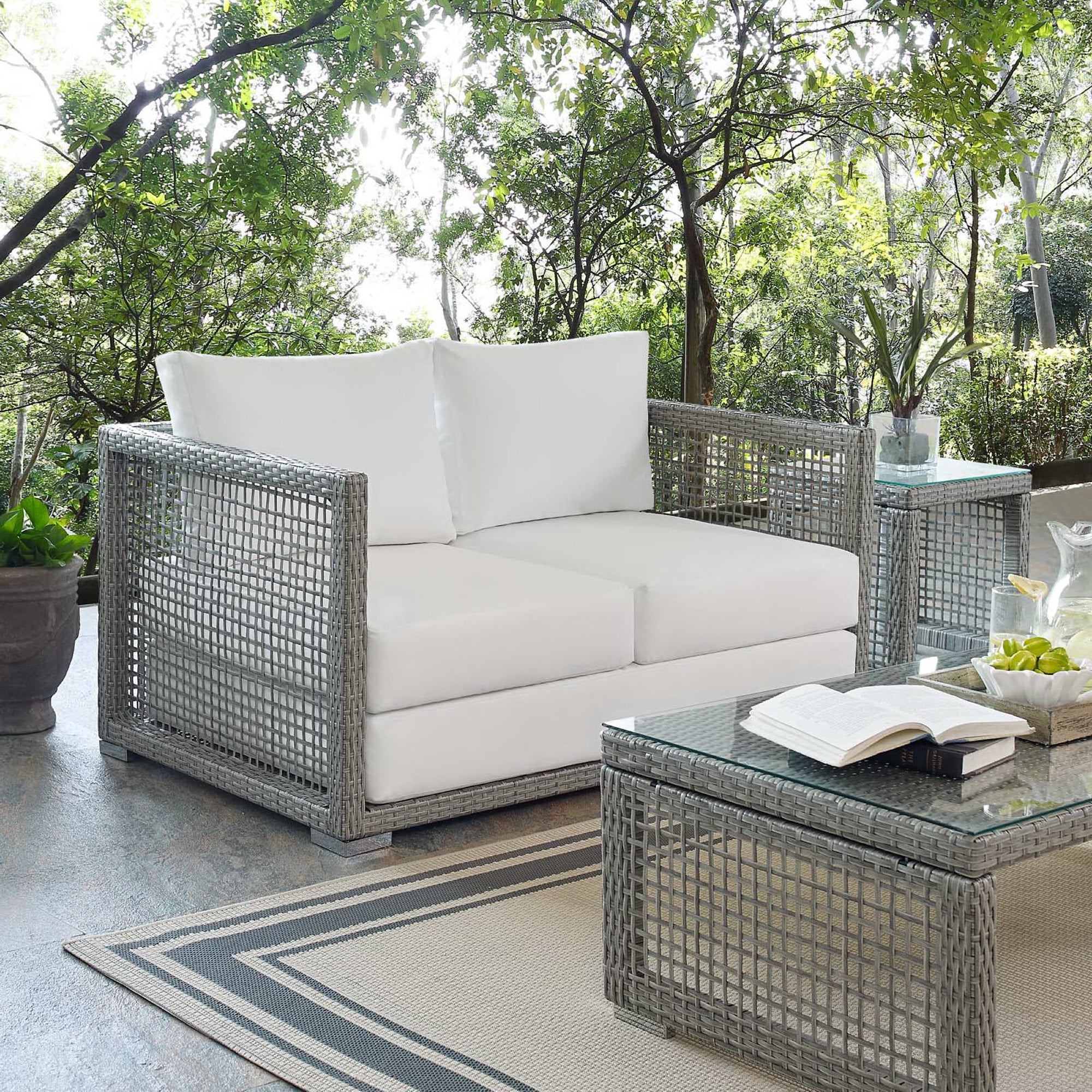 Aura Outdoor Patio Wicker Rattan Loveseat, Gray White