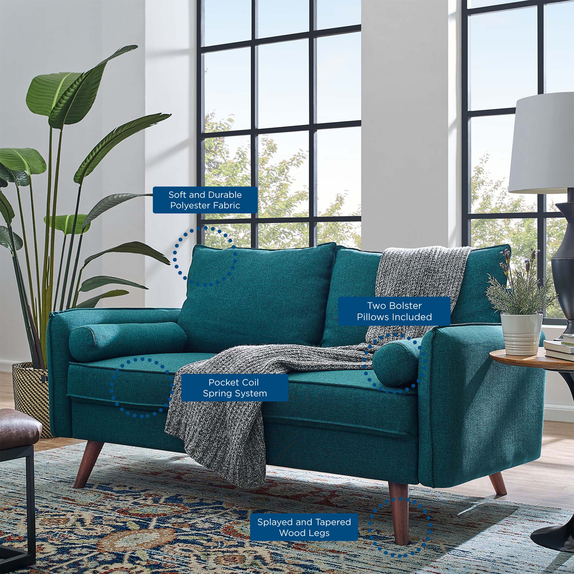 Revive Upholstered Fabric Loveseat, Teal