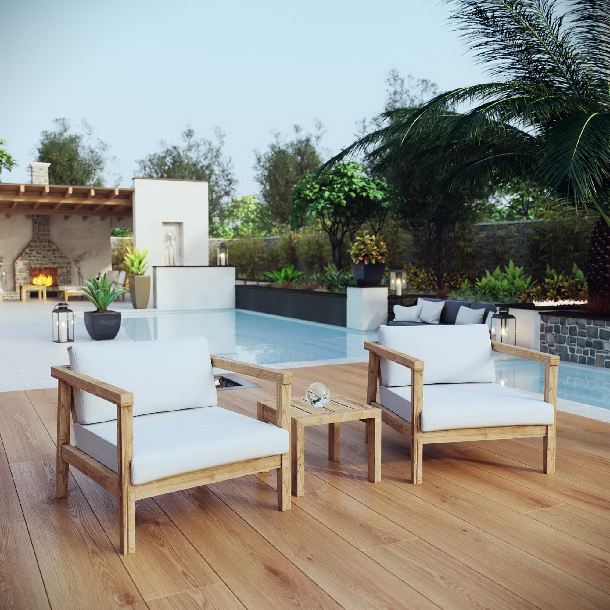 Bayport 3 Piece Outdoor Patio Teak Set, Natural White