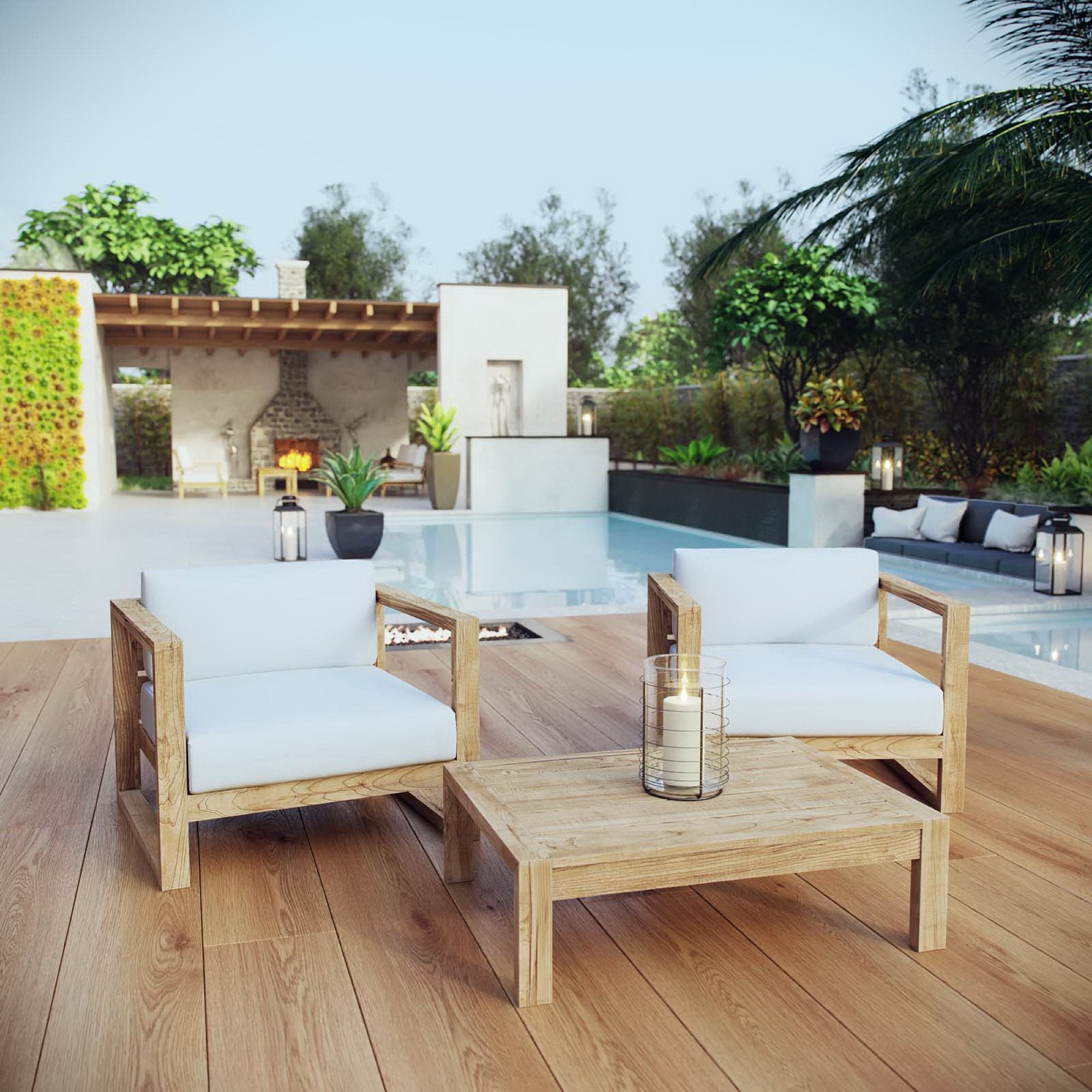 Upland 3 Piece Outdoor Patio Teak Set, Natural White