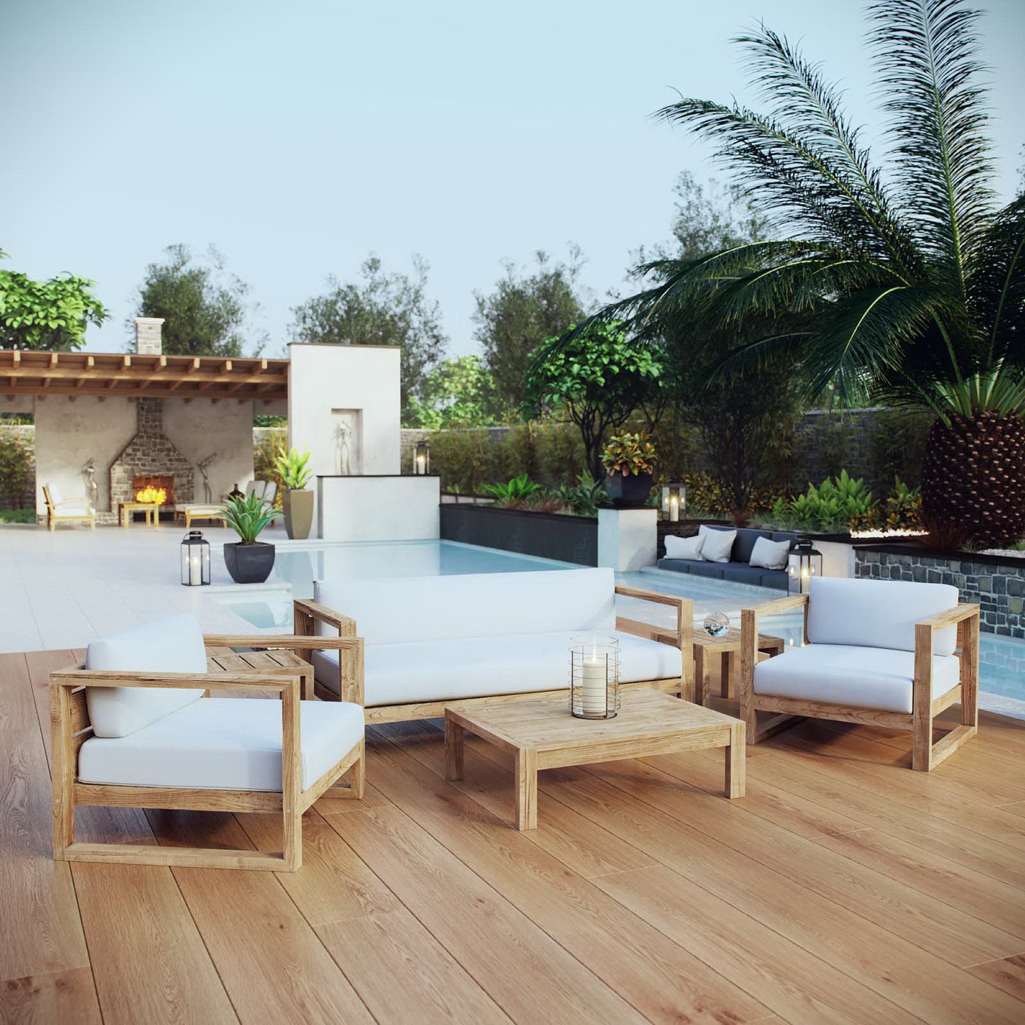 Upland 6 Piece Outdoor Patio Teak Set, Natural White