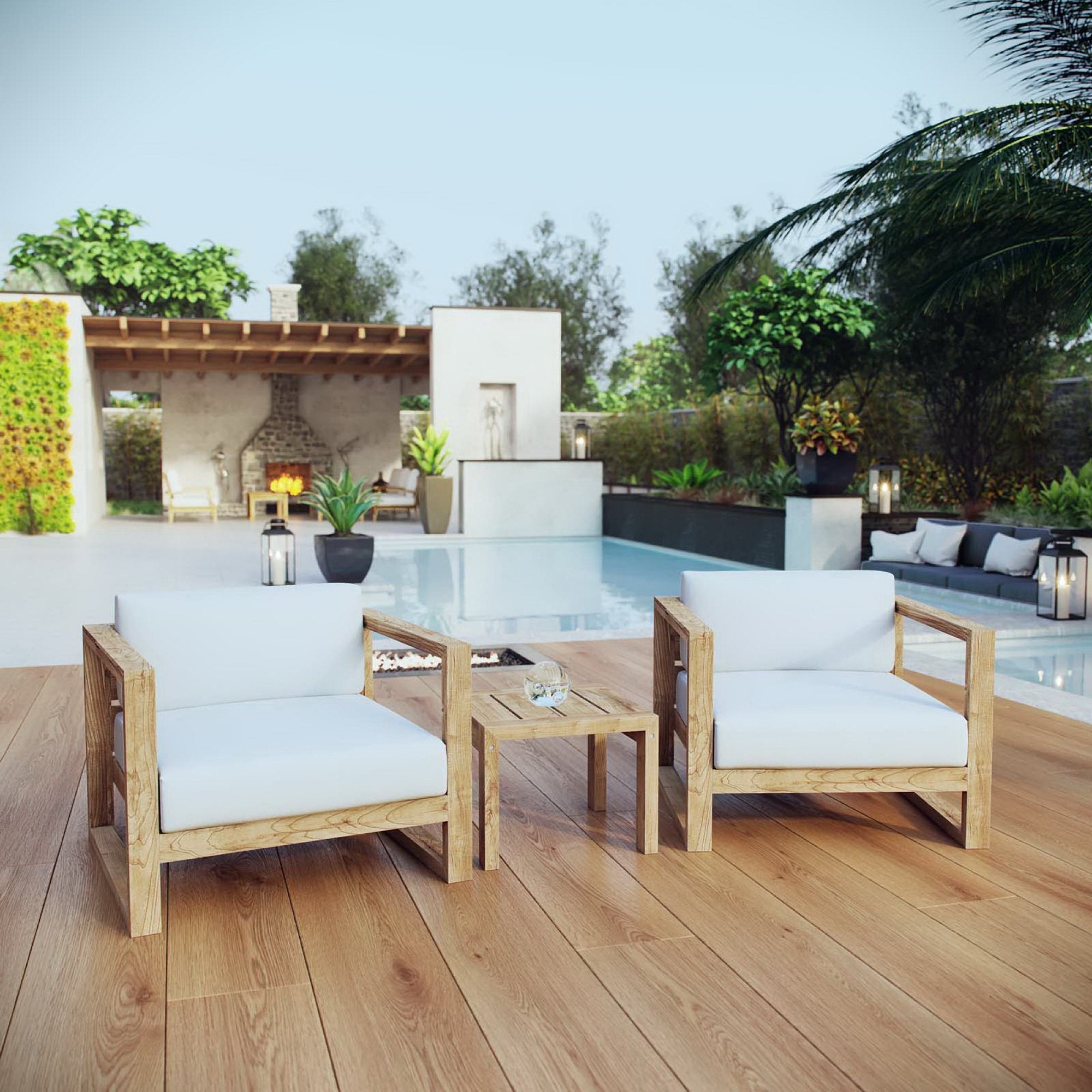 Upland 3 Piece Outdoor Patio Teak Set, Natural White