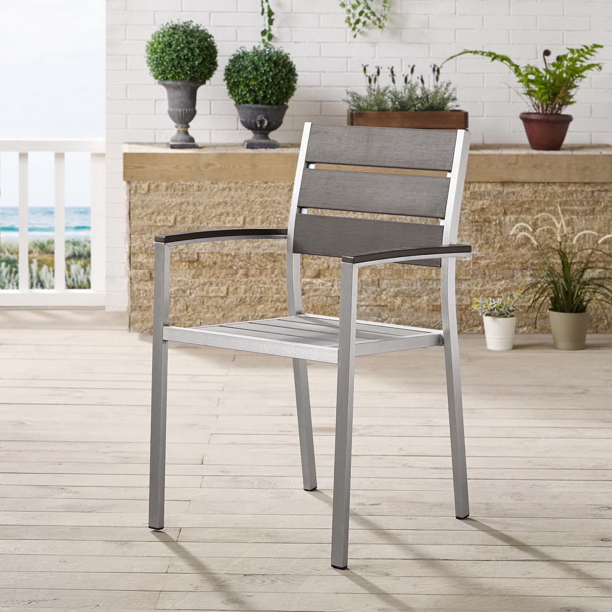 Shore Outdoor Patio Aluminum Dining Armchair, Silver Gray