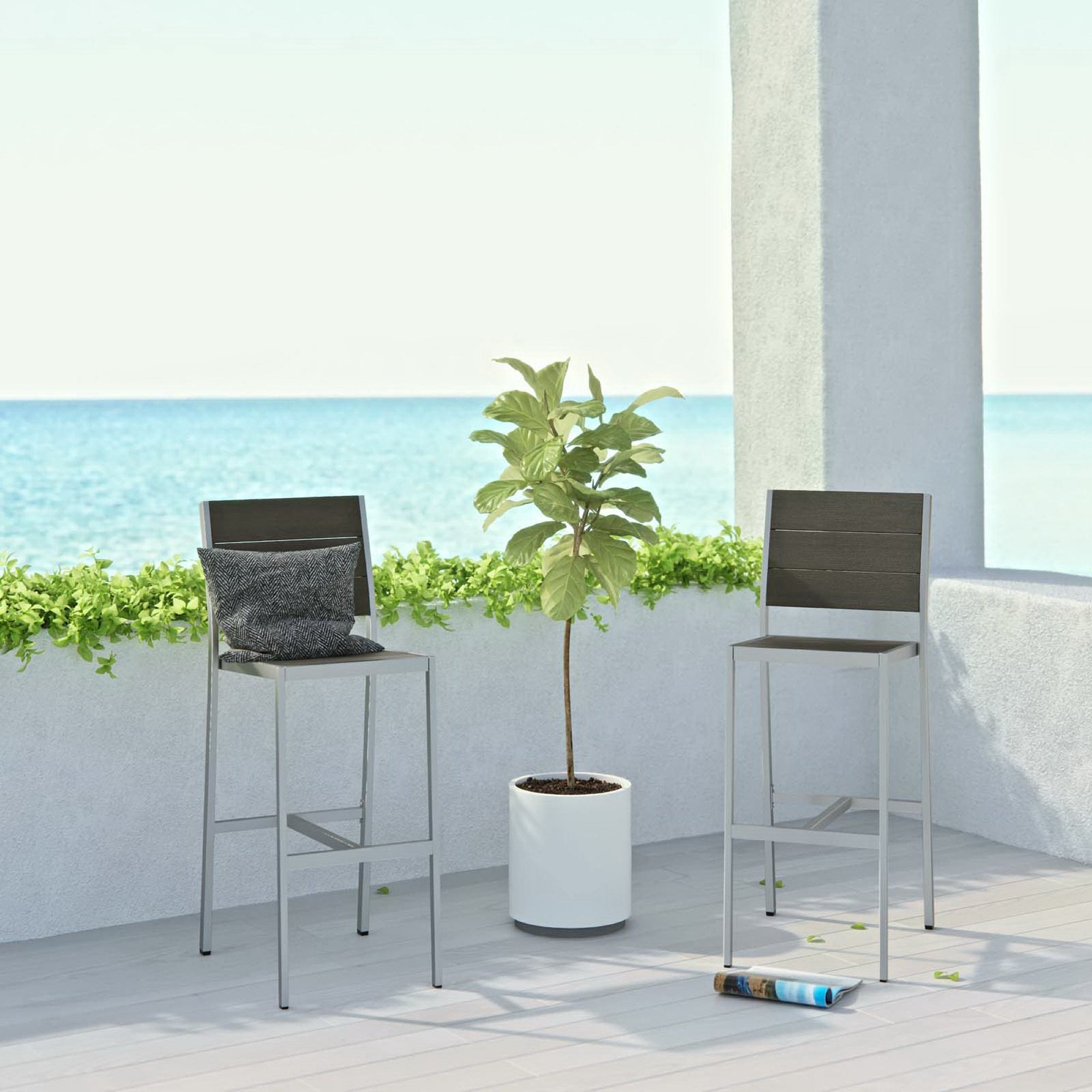 Shore Outdoor Patio Aluminum Armless Bar Stool Set of 2, Silver Gray