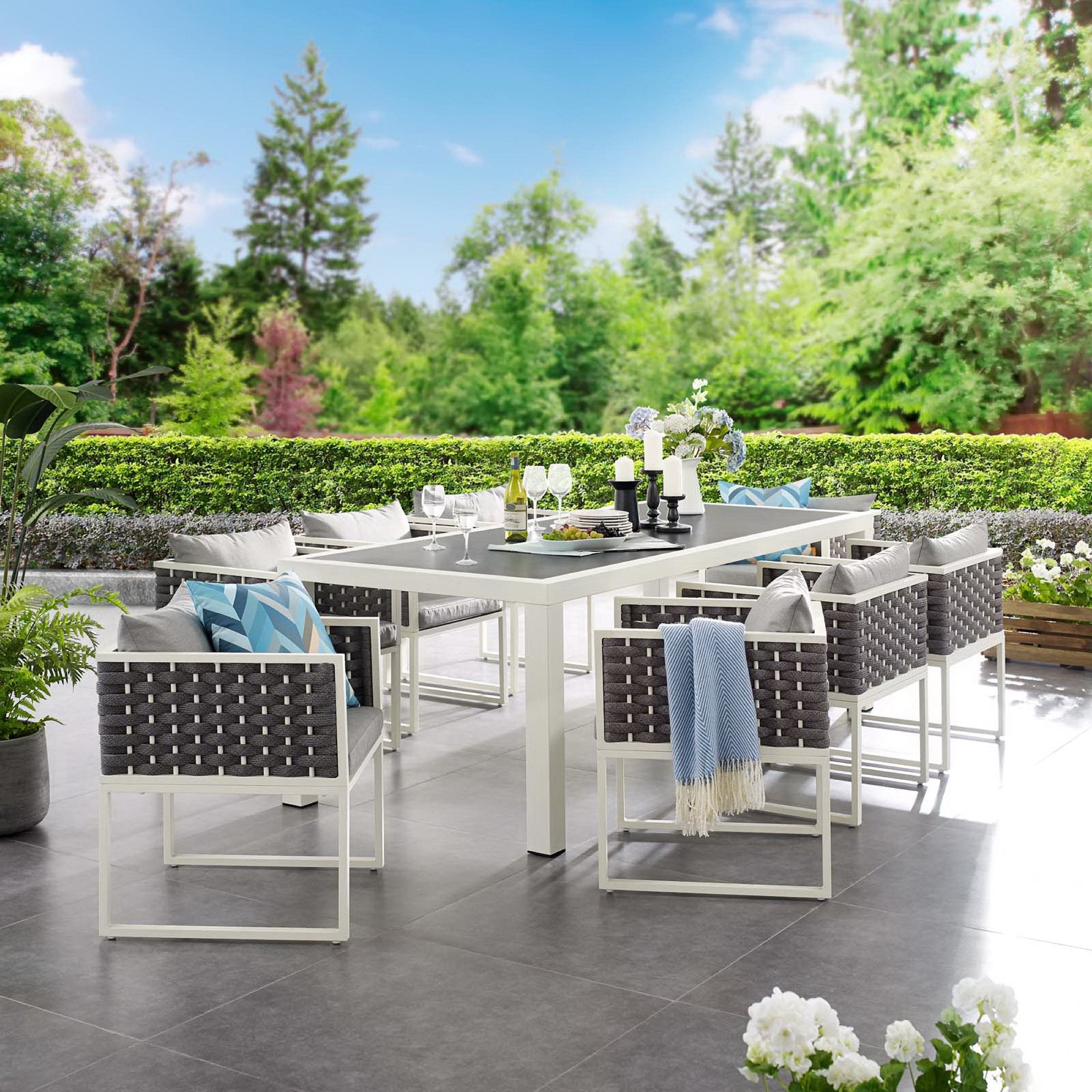 Stance 9 Piece Outdoor Patio Aluminum Dining Set, White Gray