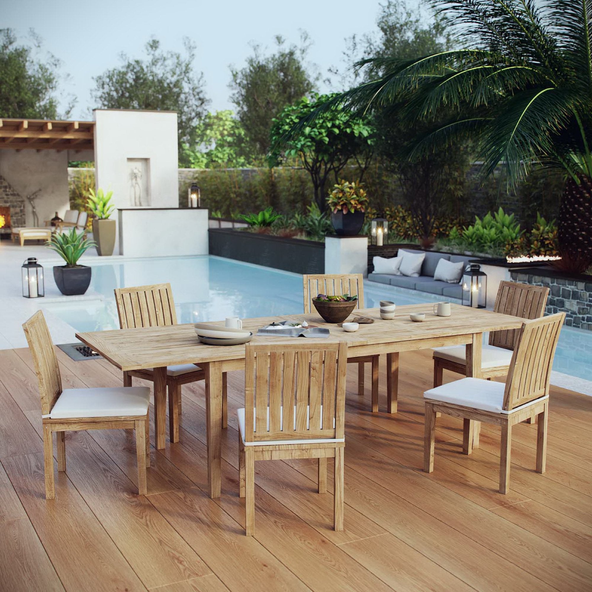 Marina 7 Piece Outdoor Patio Teak Dining Set, Natural White