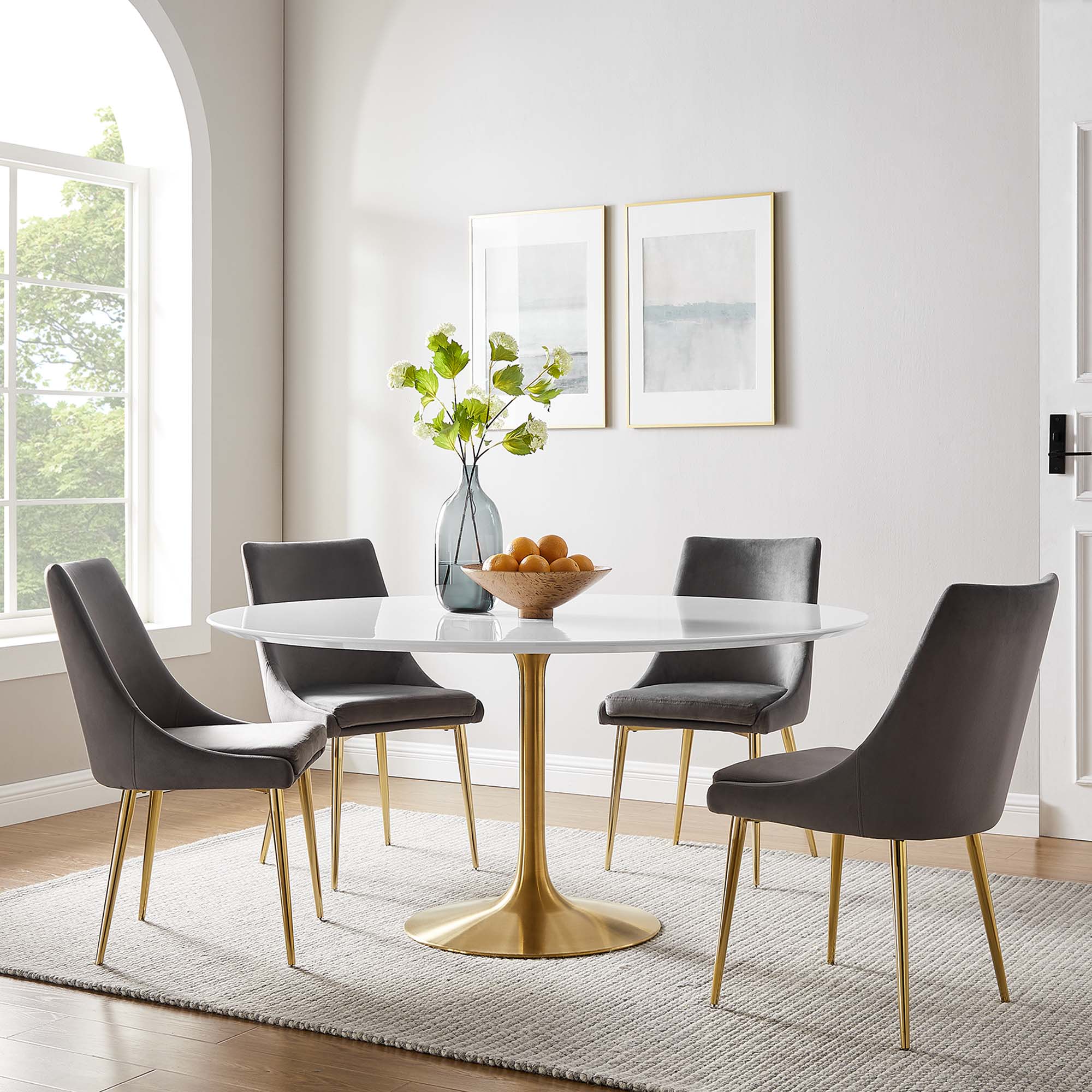 Lippa 60" Round Wood Dining Table, Gold White