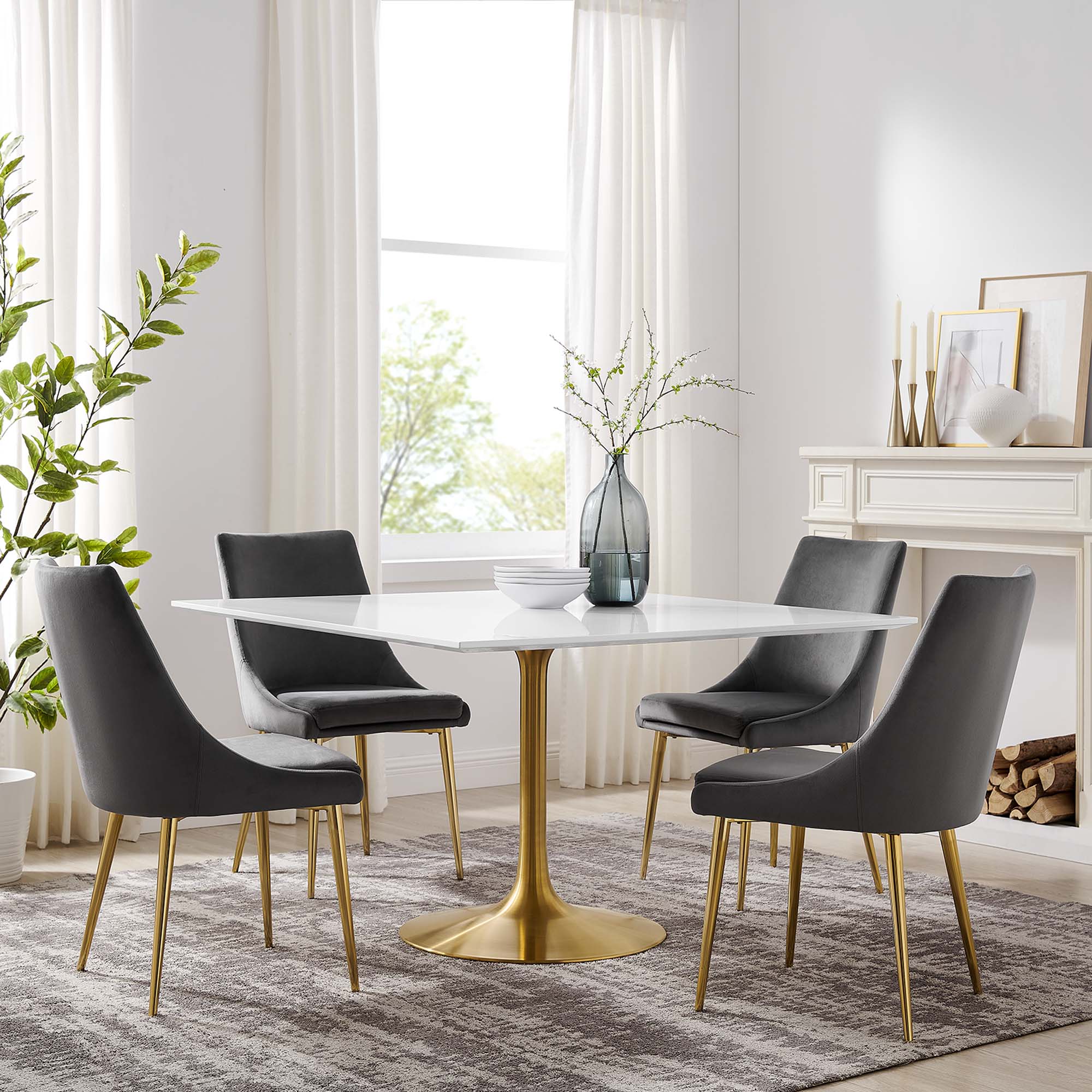 Lippa 48" Square Wood Dining Table, Gold White