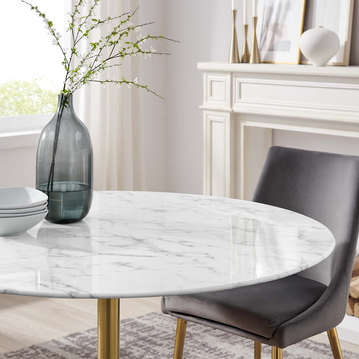 Lippa 48" Round Faux Marble Dining Table, Gold White