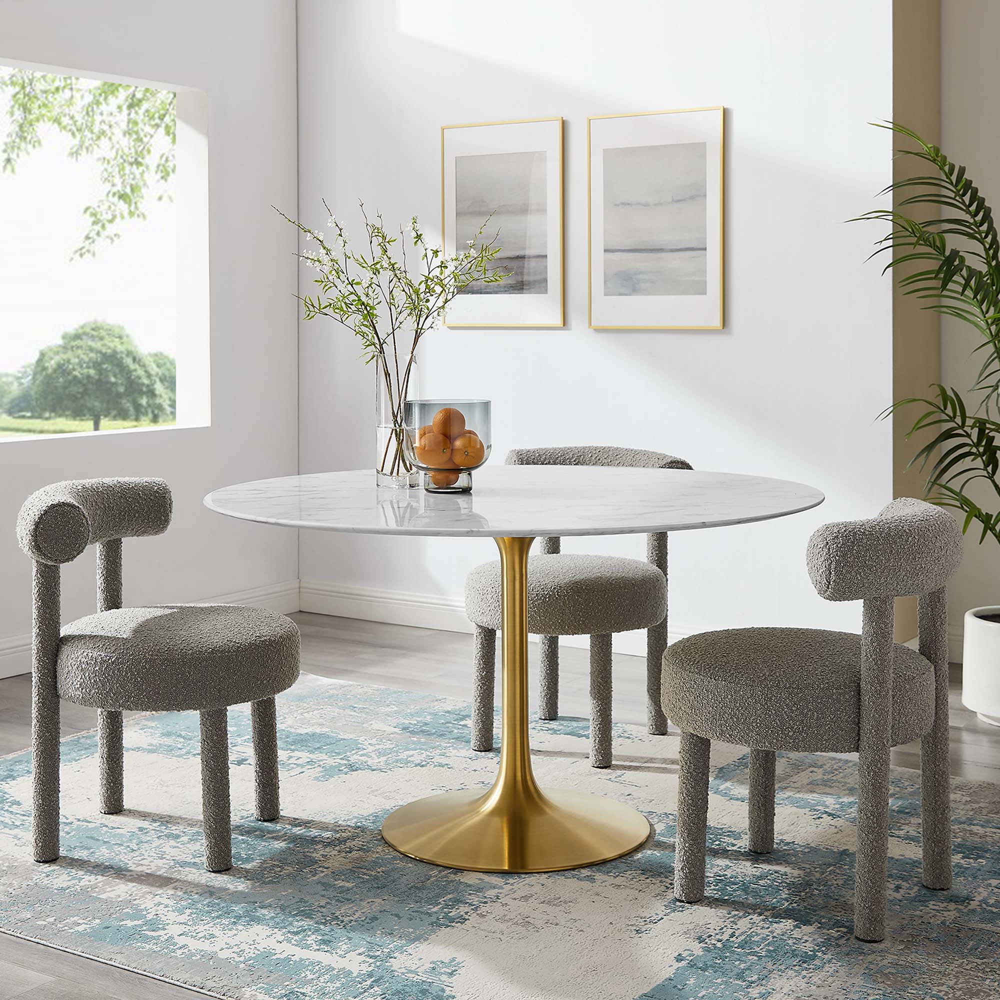 Lippa 54" Round Faux Marble Dining Table, Gold White
