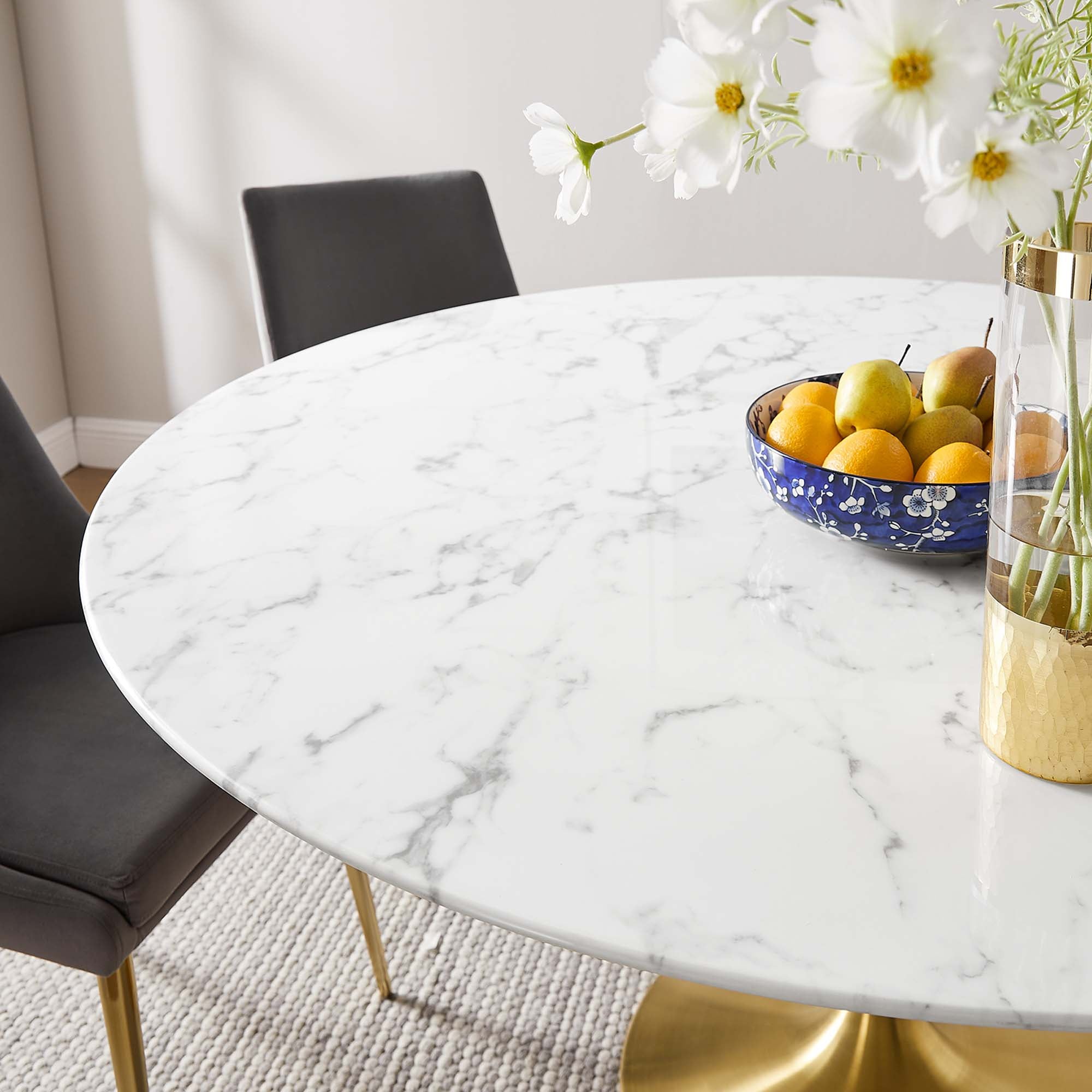 Lippa 60" Round Faux Marble Dining Table, Gold White