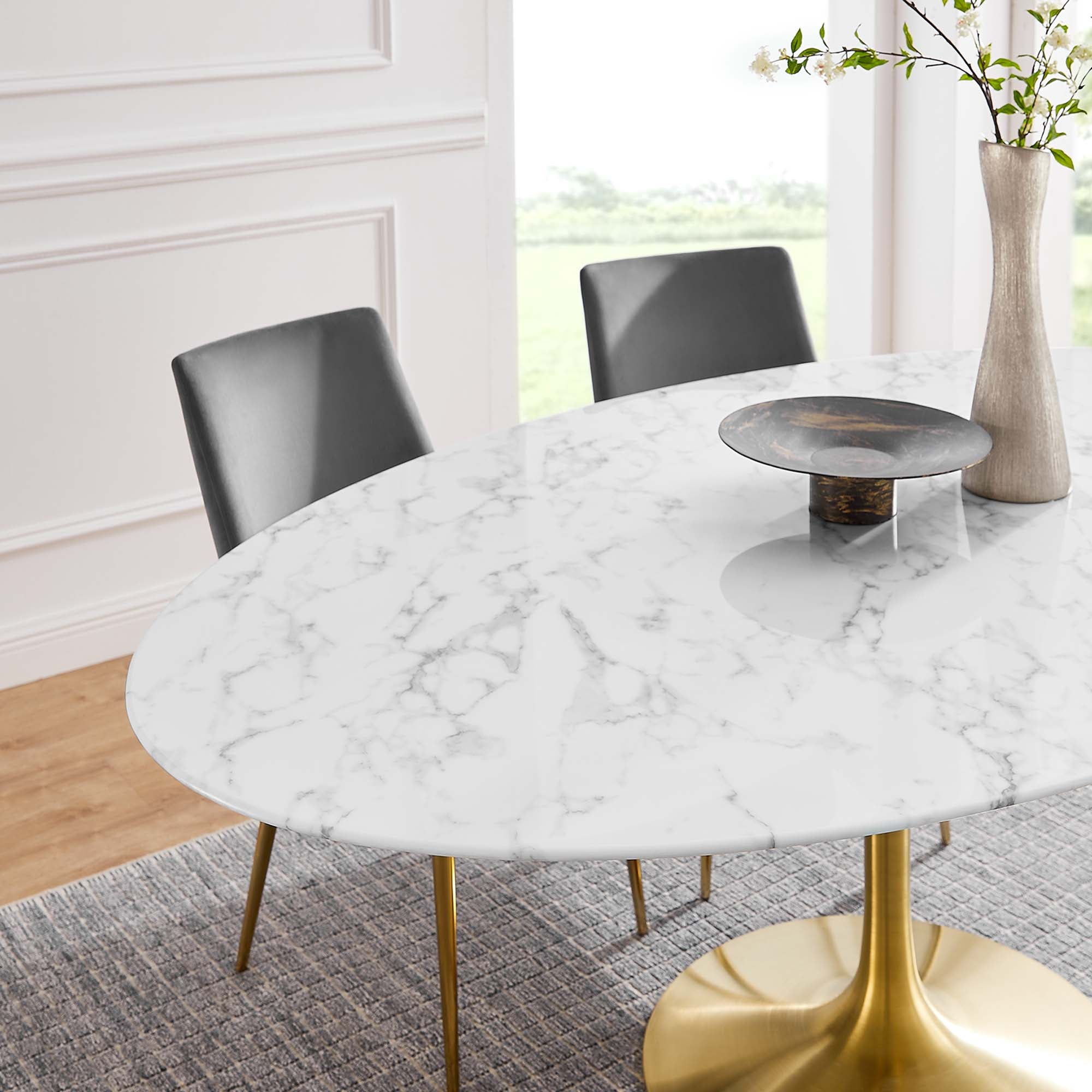 Lippa 78" Oval Faux Marble Dining Table, Gold White