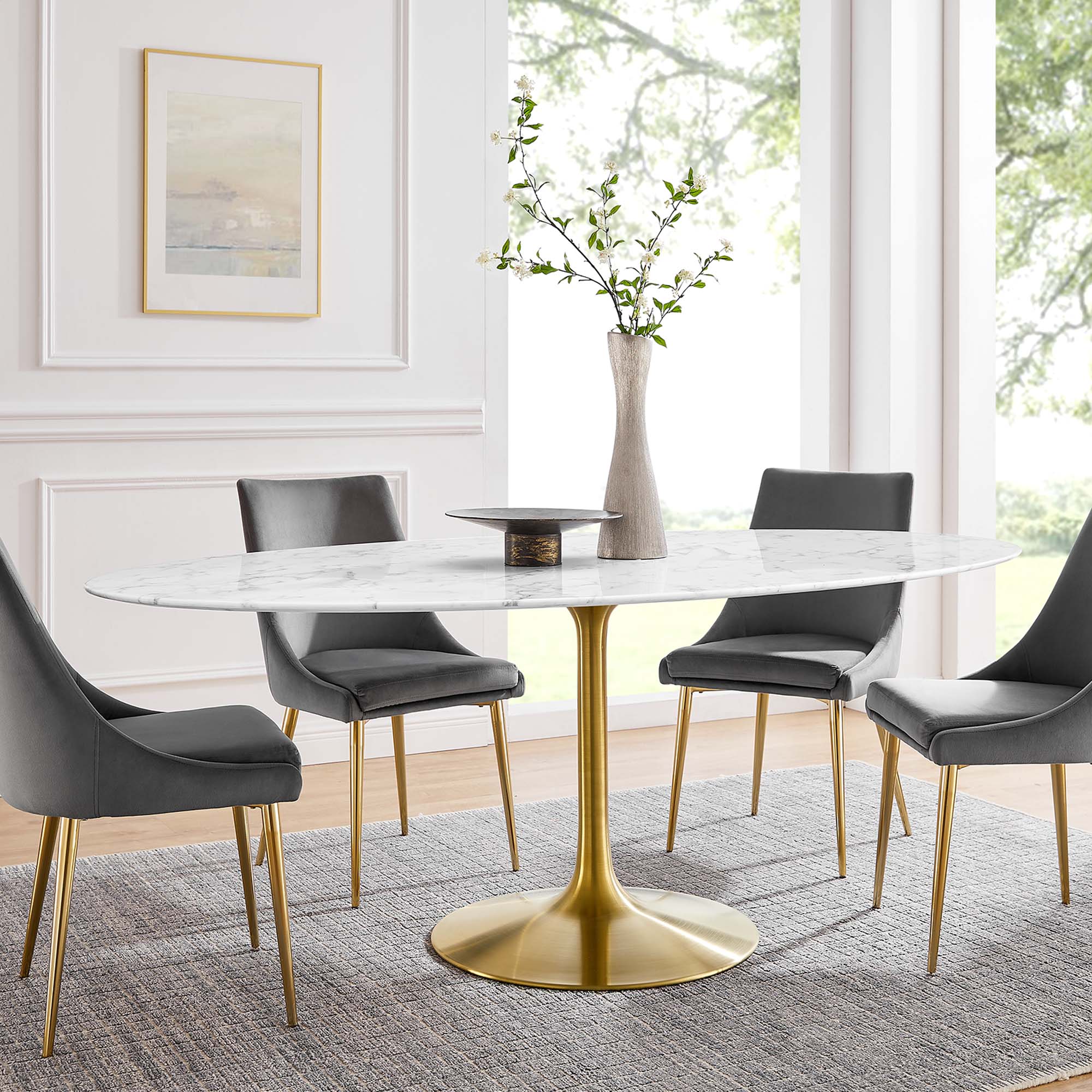 Lippa 78" Oval Faux Marble Dining Table, Gold White