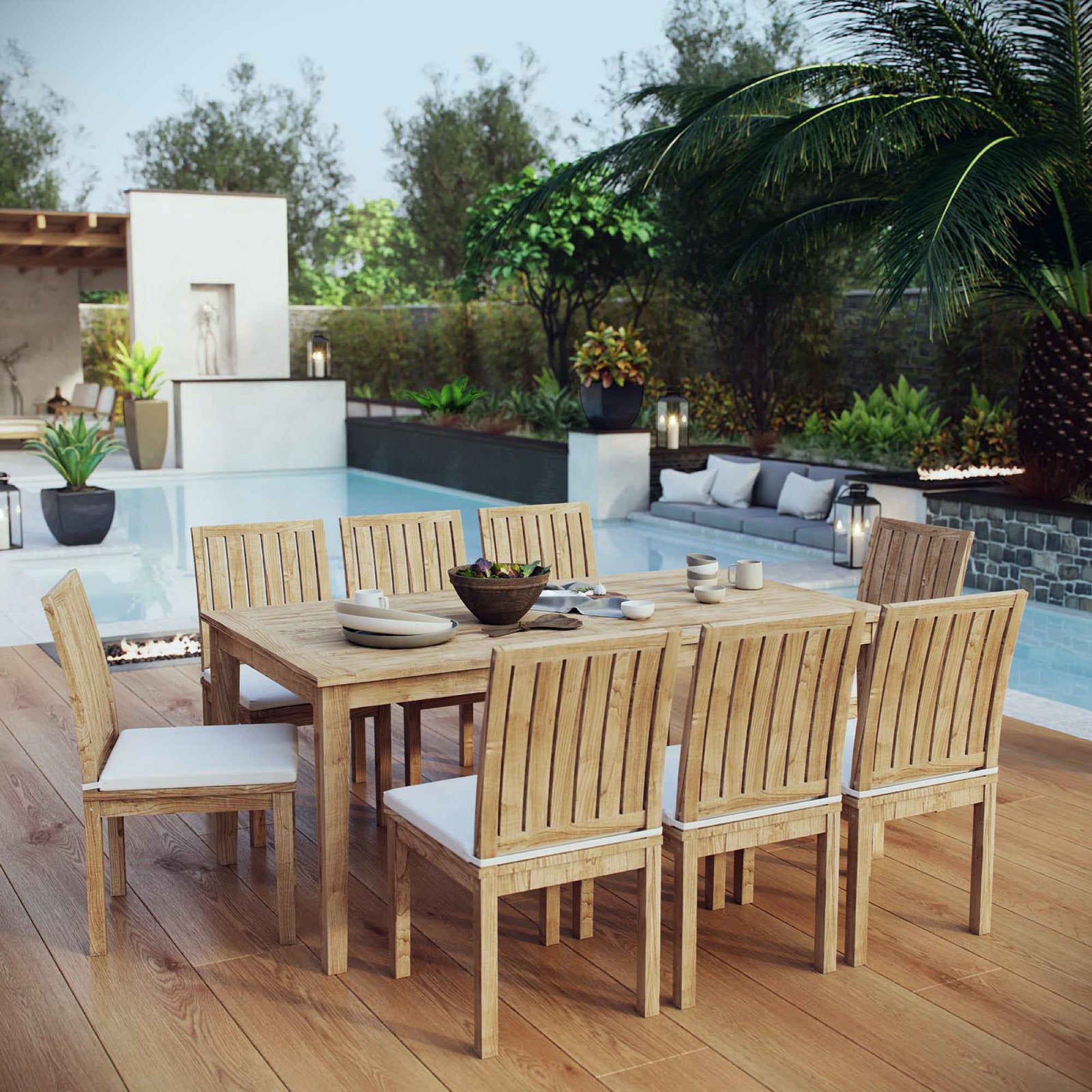 Marina 9 Piece Outdoor Patio Teak Dining Set, Natural White