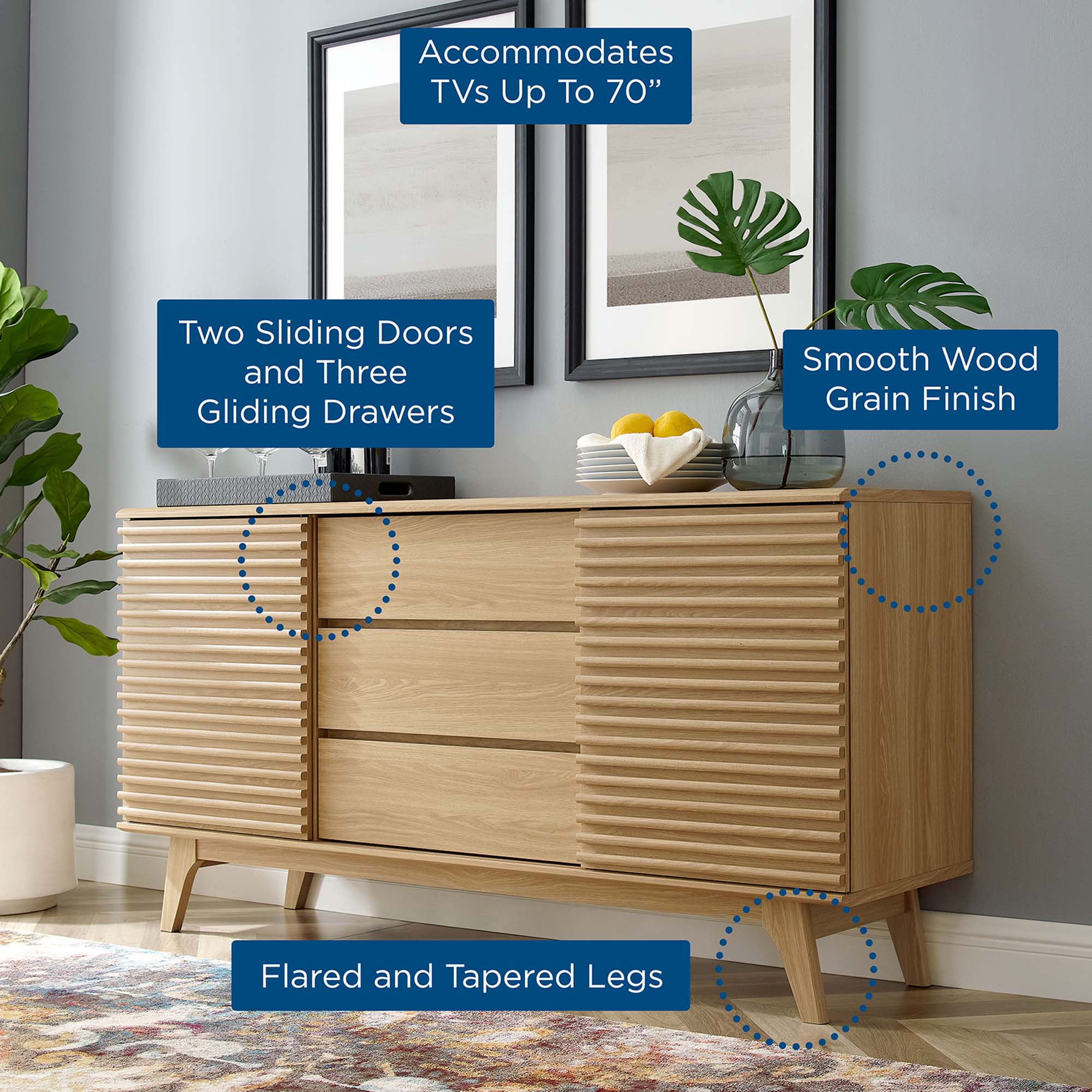 Render 63" Sideboard Buffet Table or TV Stand, Oak