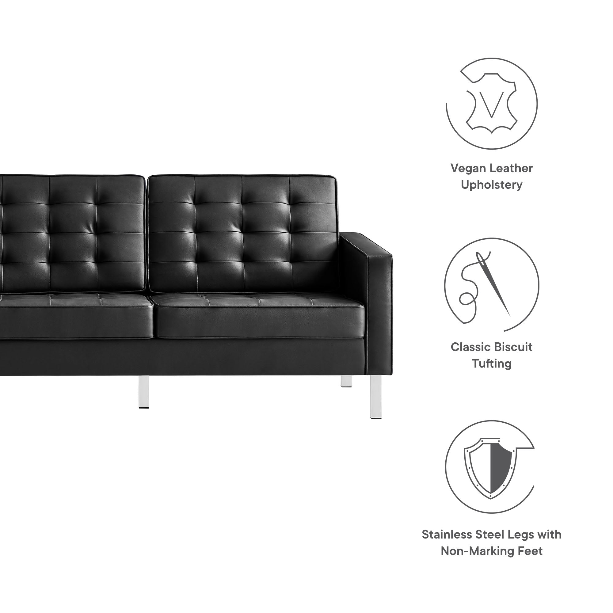 Loft Tufted Vegan Leather Sofa, Silver Black