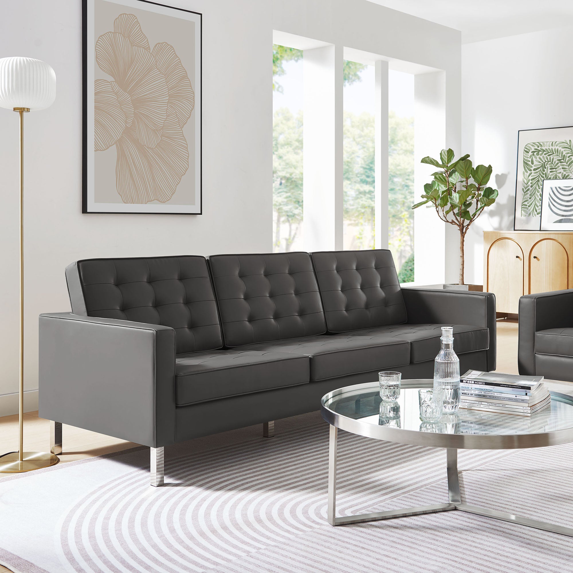 Loft Tufted Vegan Leather Sofa, Silver Gray