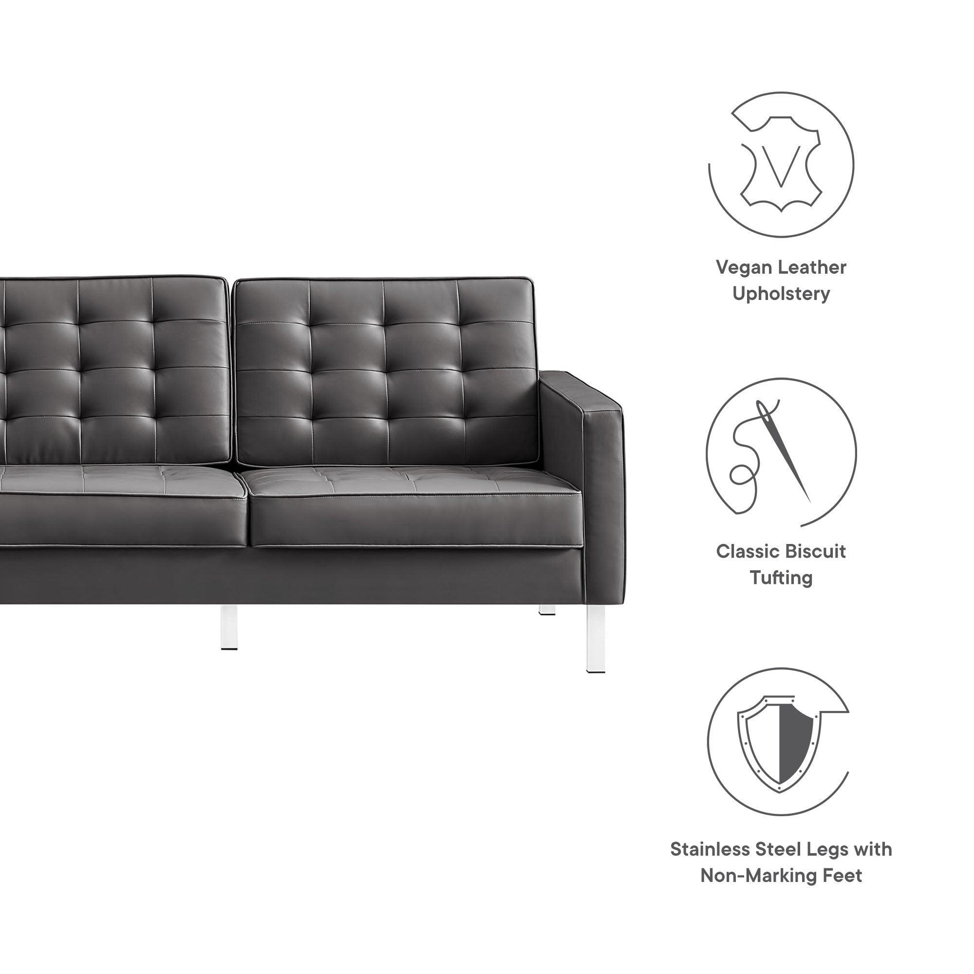 Loft Tufted Vegan Leather Sofa, Silver Gray