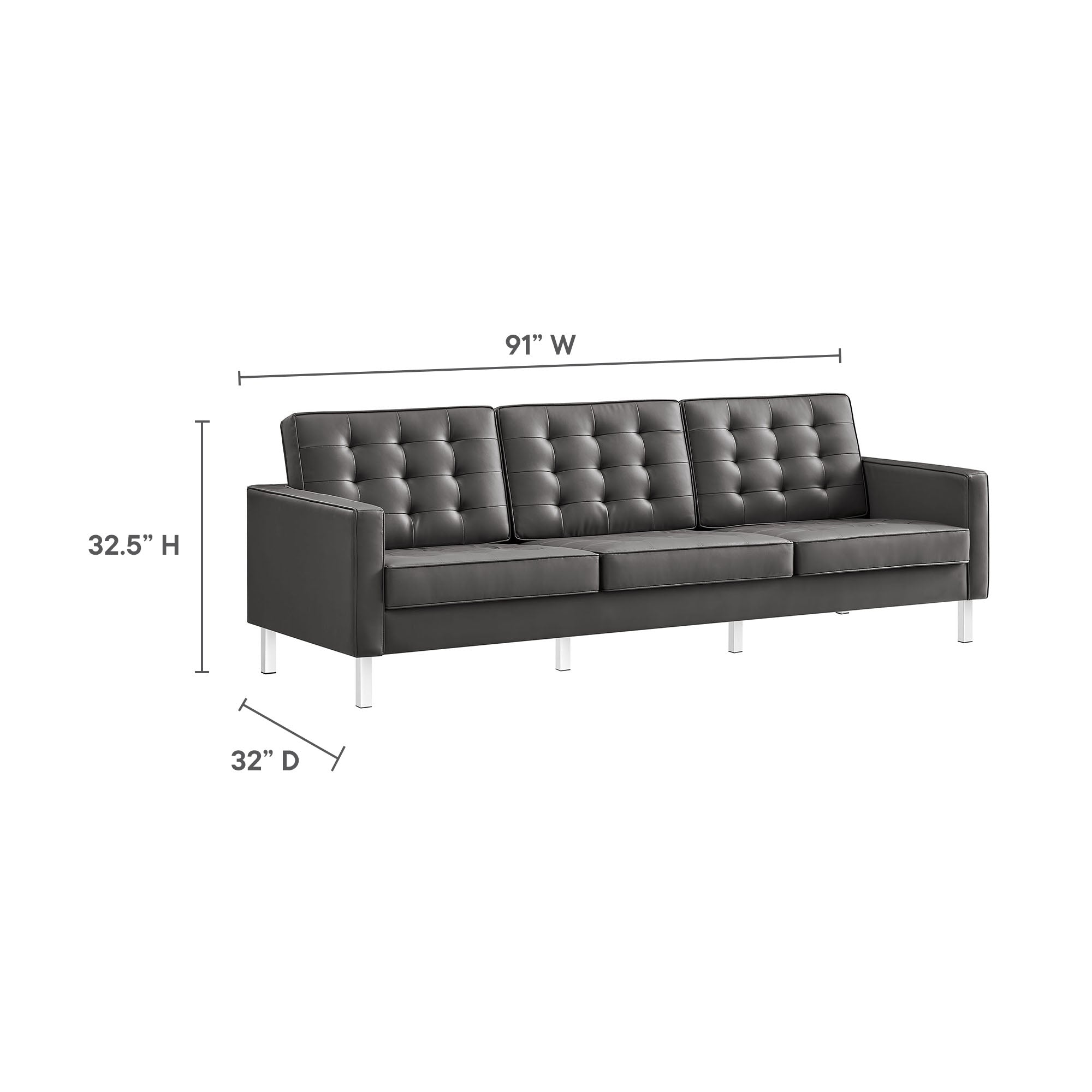 Loft Tufted Vegan Leather Sofa and Ottoman Set, Silver Gray