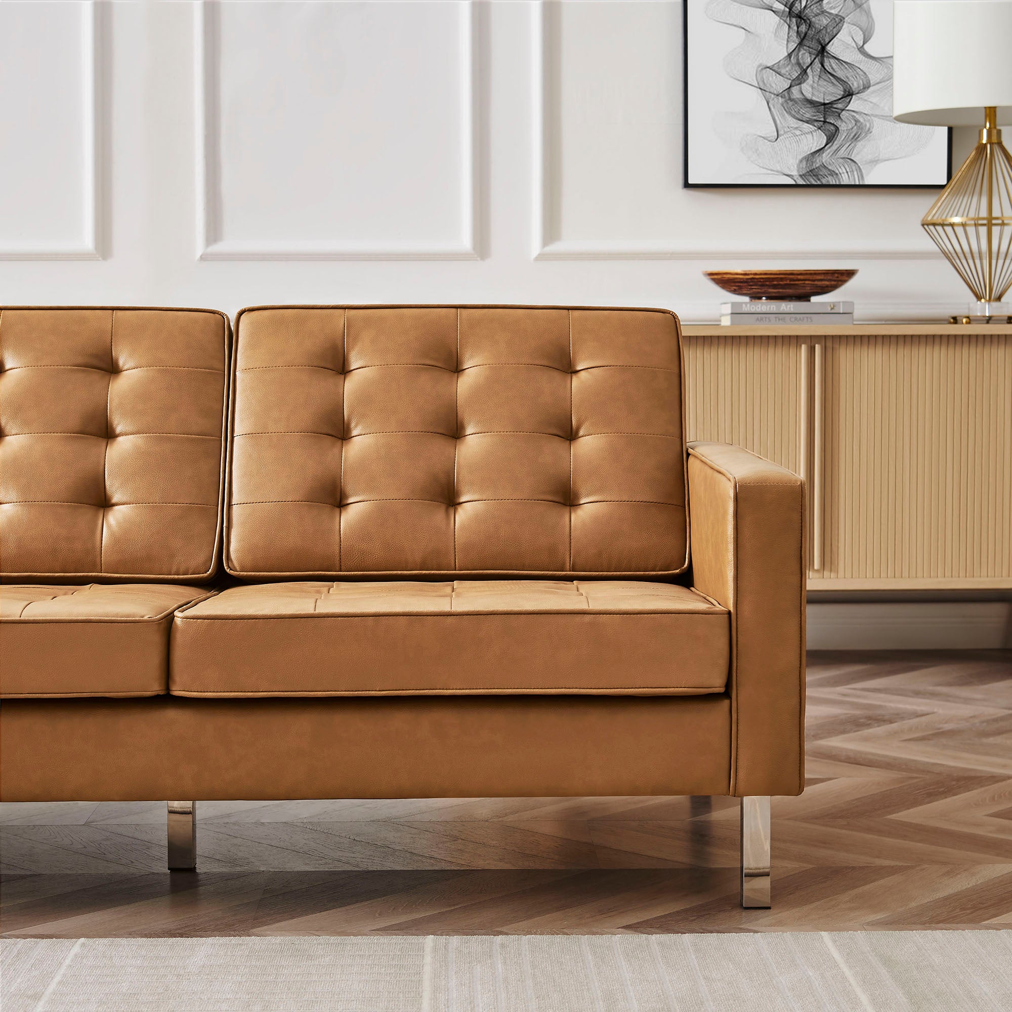Loft Tufted Vegan Leather Sofa, Silver Tan