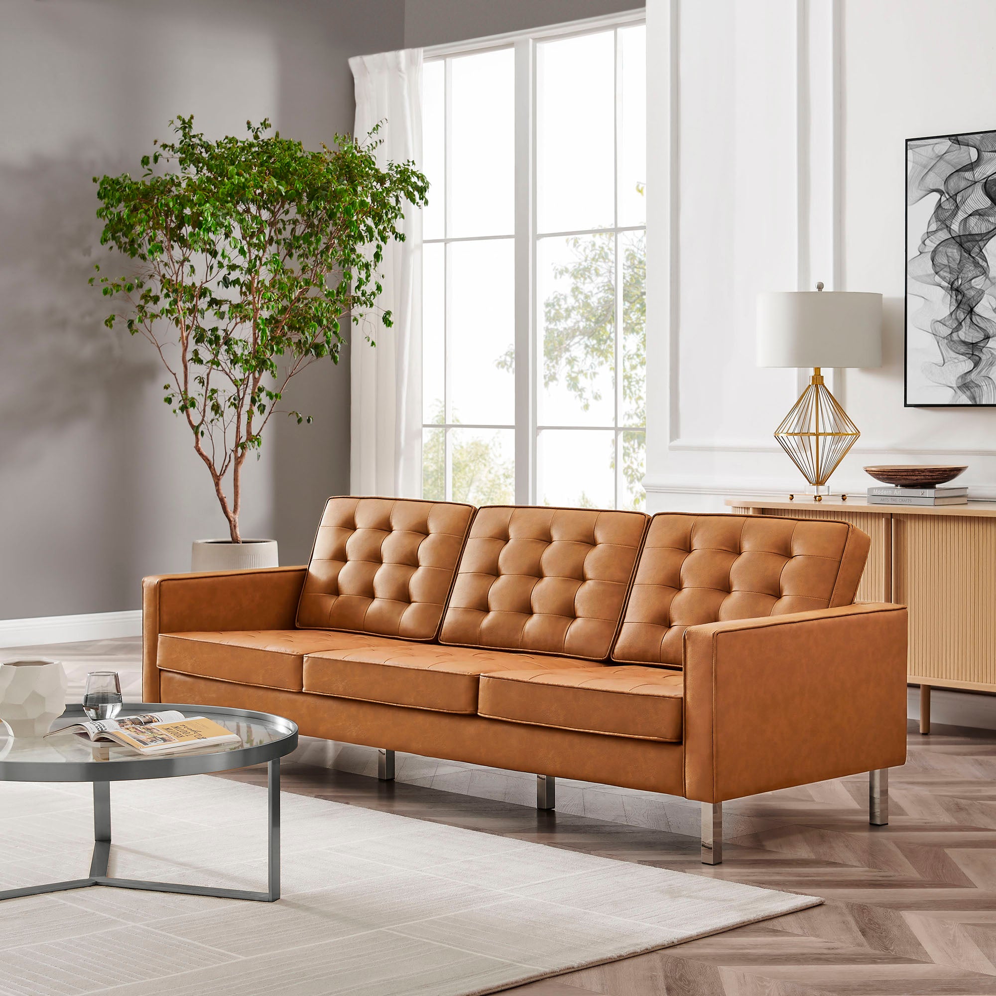 Loft Tufted Vegan Leather Sofa, Silver Tan