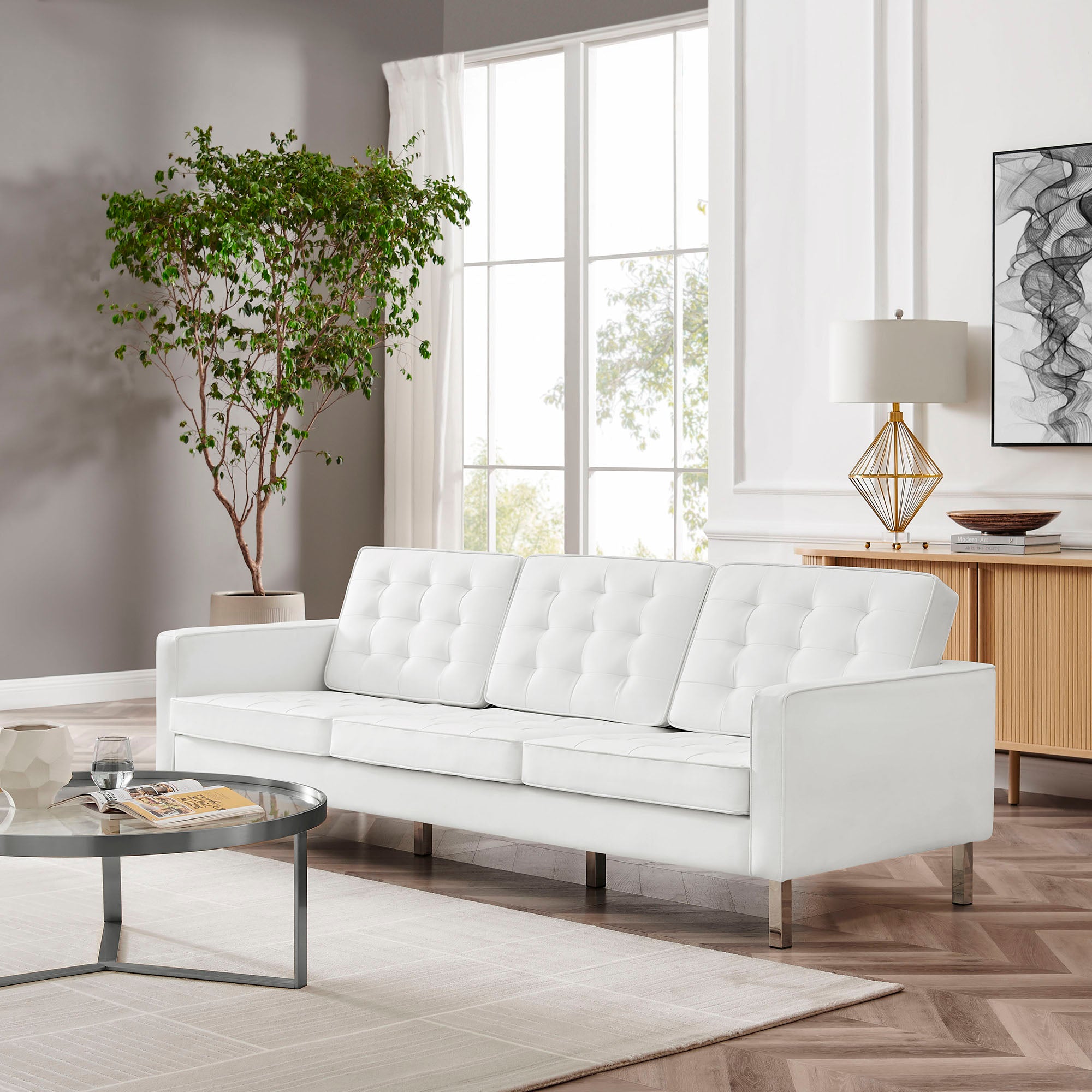 Loft Tufted Vegan Leather Sofa, Silver White