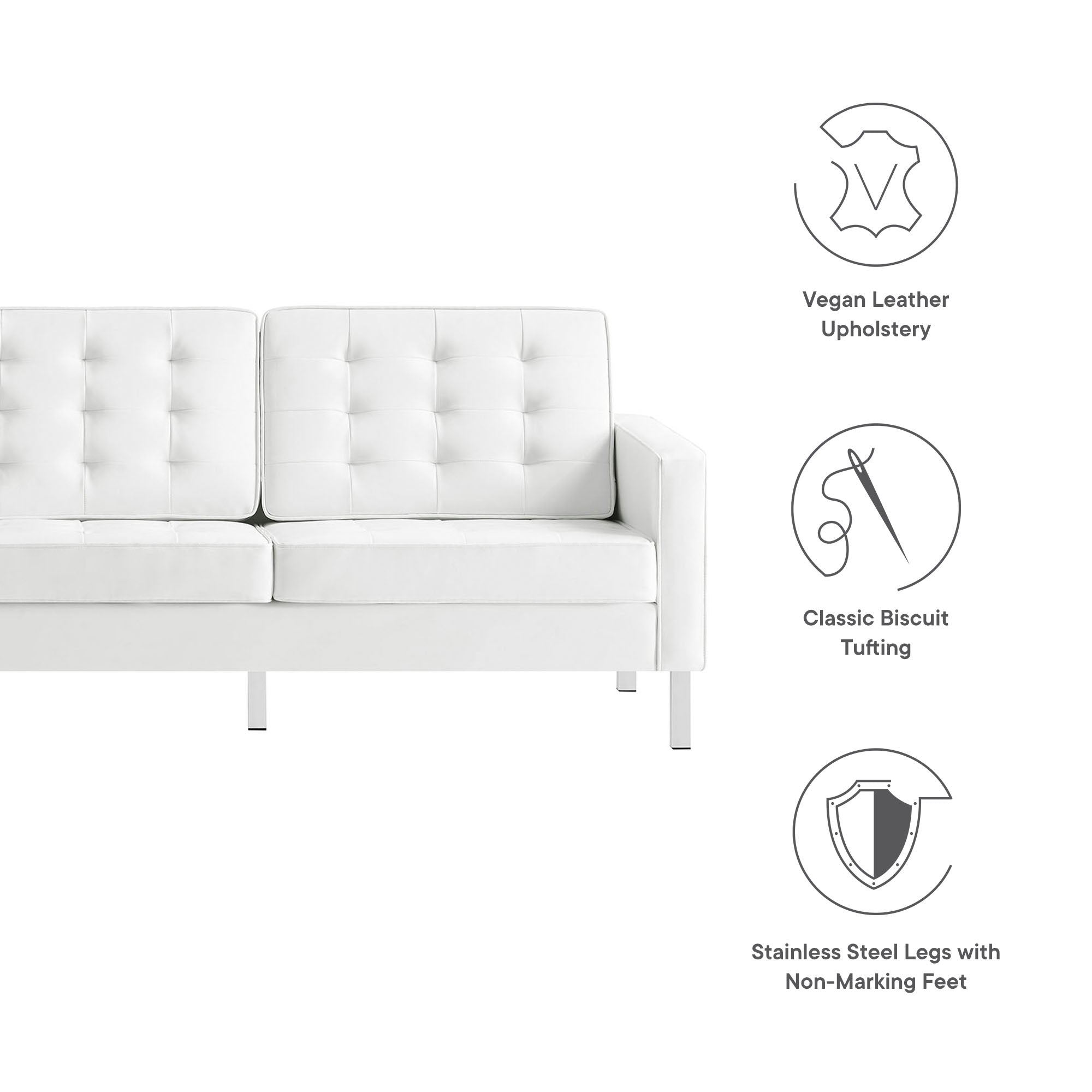 Loft Tufted Vegan Leather Sofa, Silver White