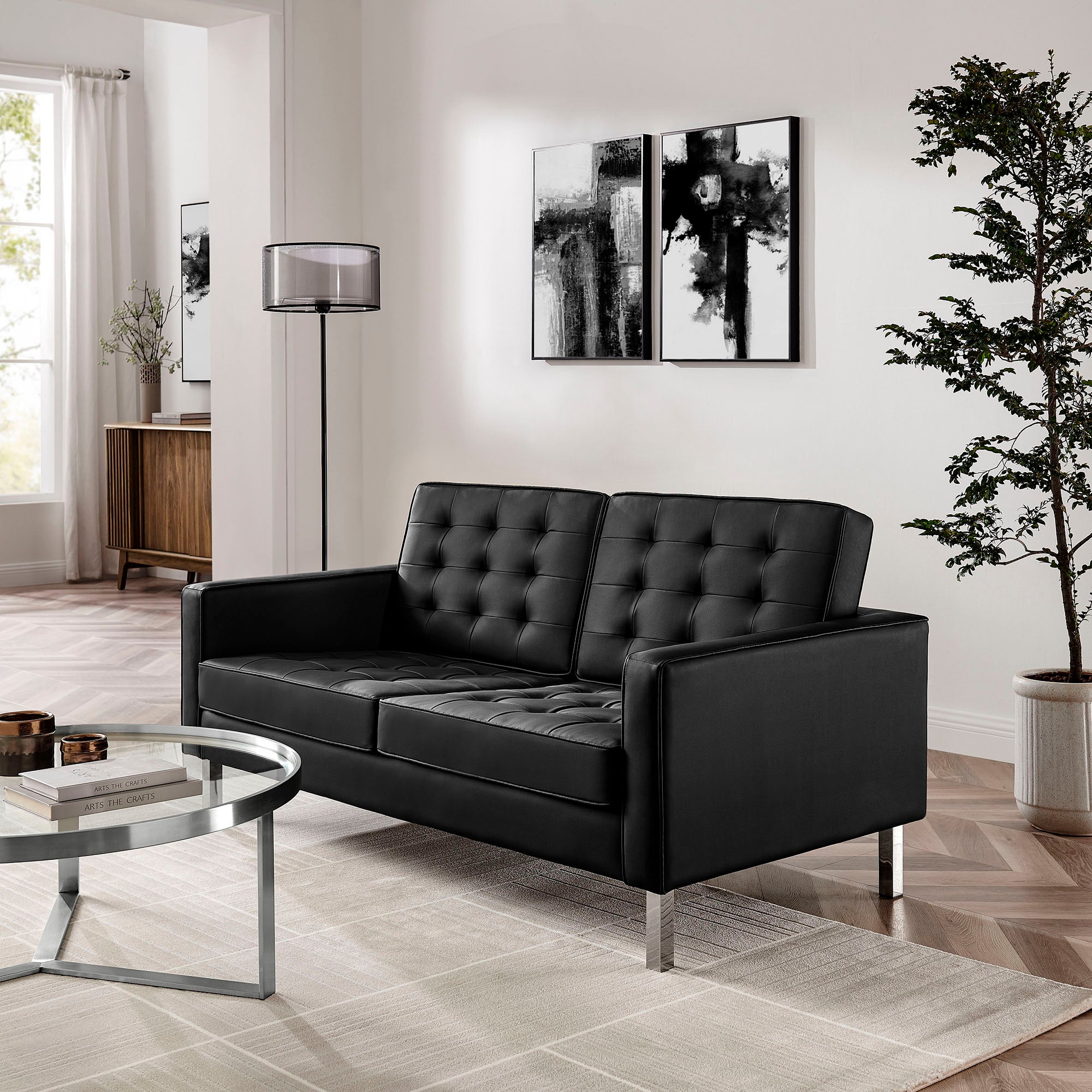 Loft Tufted Vegan Leather Loveseat, Silver Black